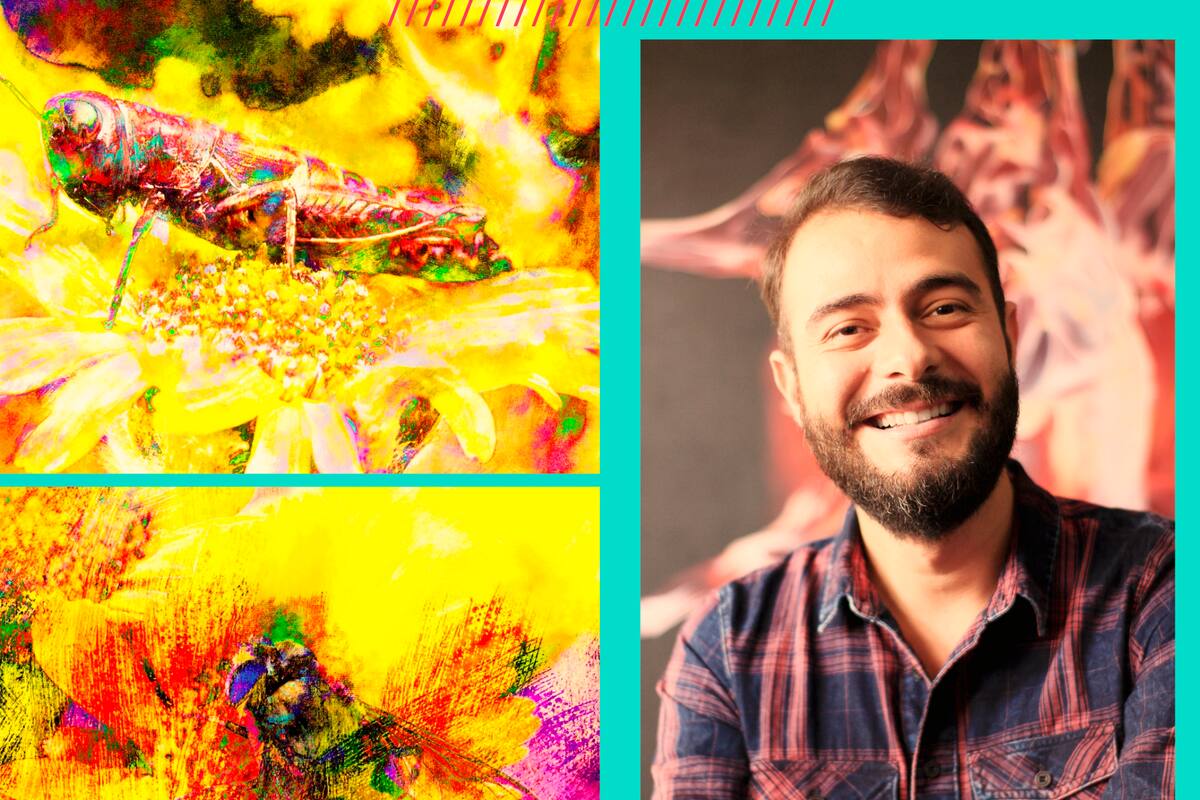 Julián Villamizar y dos de las obras que hacen parte de “Eros y Civilización”. Foto: suministrada/VANGUARDIA