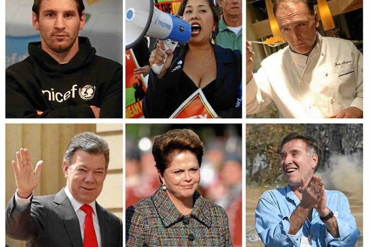 De izq. a der., el futbolista argentino Lionel Messi, la hispana indocumentada y abanderada en Arizona de los estudiantes Dulce Matuz; el cocinero español José Andrés. Abajo: los presidentes de Colombia, Juan Manuel Santos, y de Brasil, Dilma Rousseff, y el millonario brasileño Eike Batista, quienes integran la lista de los 100 personajes más influyentes de Time. (Foto: AFP / VANGUARDIA LIBERAL)