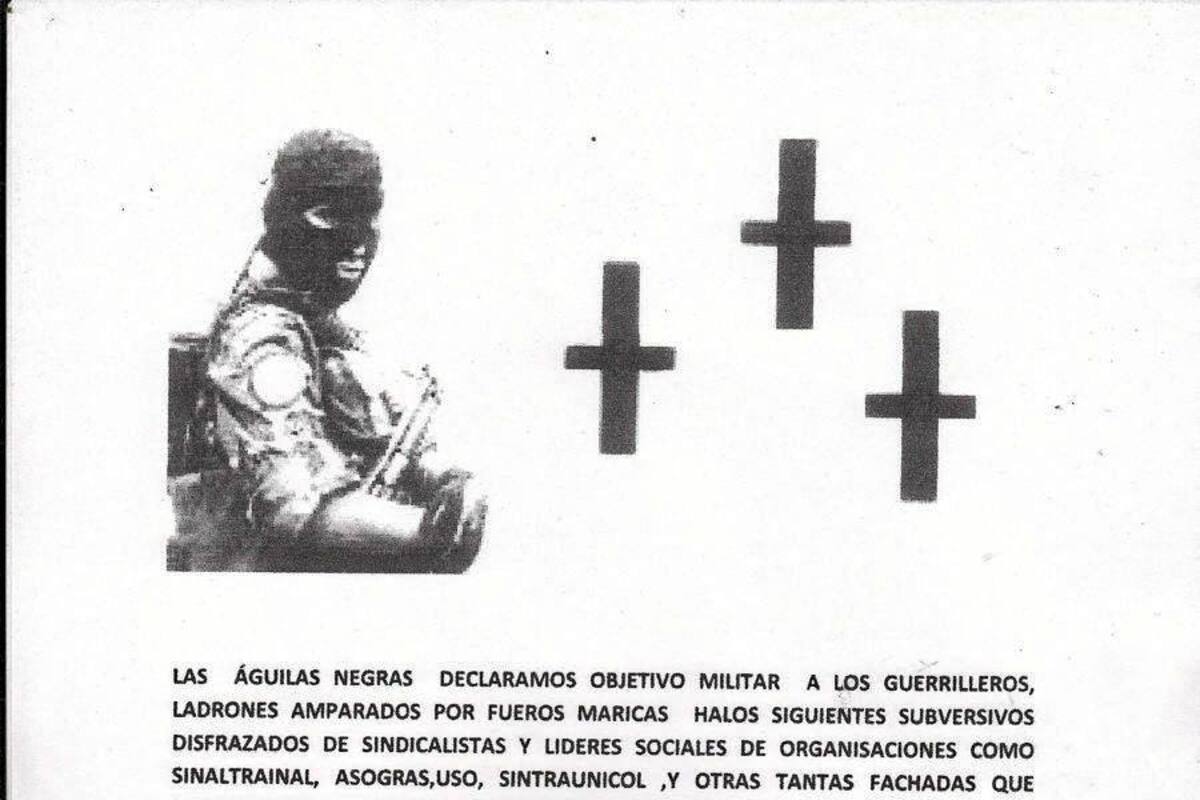 Panfleto en el que se declara ‘objetivo militar’ a ocho miembros de distintas organizaciones sociales que trabajan en la región. (Foto: Suministrado: Asogras / VANGUARDIA LIBERAL )