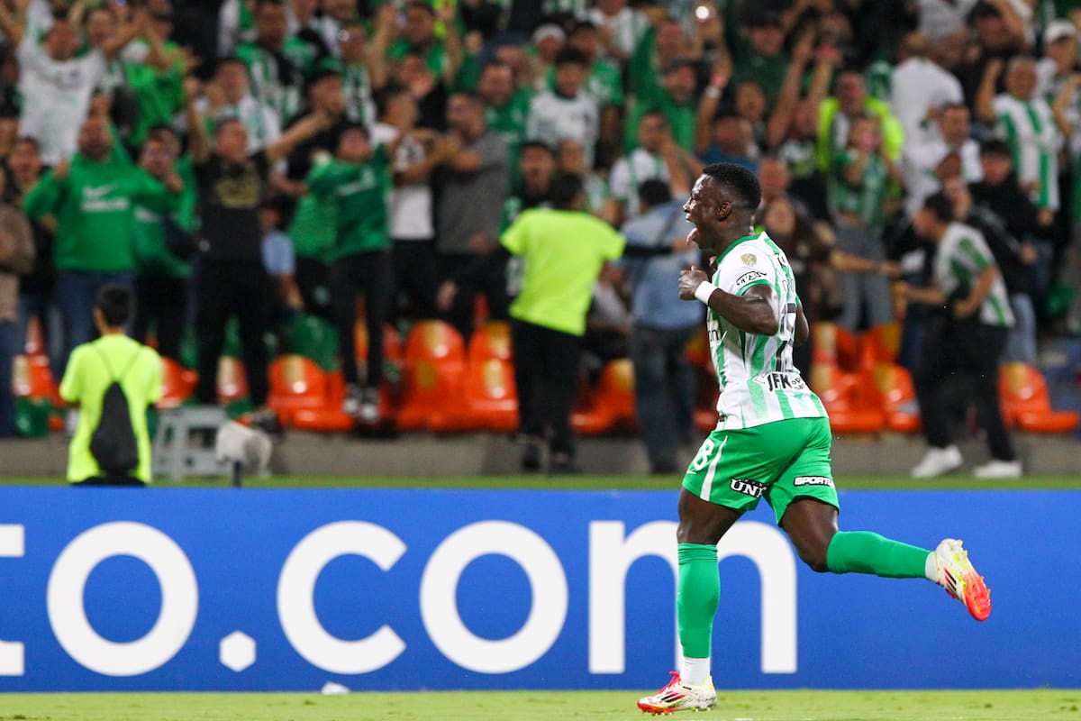 Marino Hinestroza de Atlético Nacional celebra su gol en un partido de la fase de grupos de la Copa Libertadores. EFE/ STR