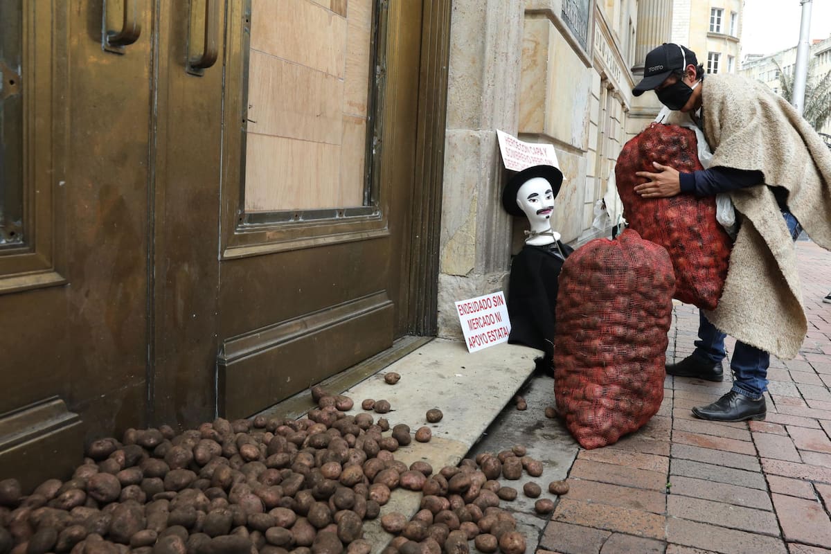 Un campesino carga deja bultos de papa este viernes frente al ministerio de Agricultura durante una protesta en Bogotá.