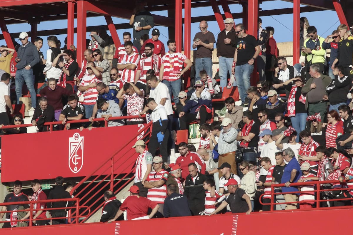 El público del partido Granada vs. Athletic observa la zona donde este domingo un asistente fue atendido por los servicios médicos tras sufrir un paro en el Nuevo Estadio de los Cármenes. EFE / VANGUARDIA