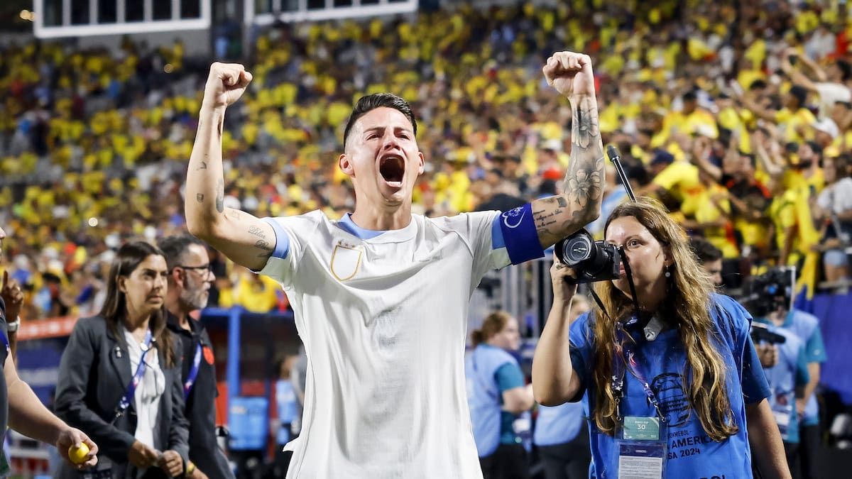 Charlotte (United States), 11/07/2024.- Colombia's James Rodriguez celebrates after the CONMEBOL Copa America 2024 semi-finals match between Uruguay and Colombia at Bank of America stadium in Charlotte, North Carolina, USA, 10 July 2024. EFE/EPA/ERIK S. LESSER