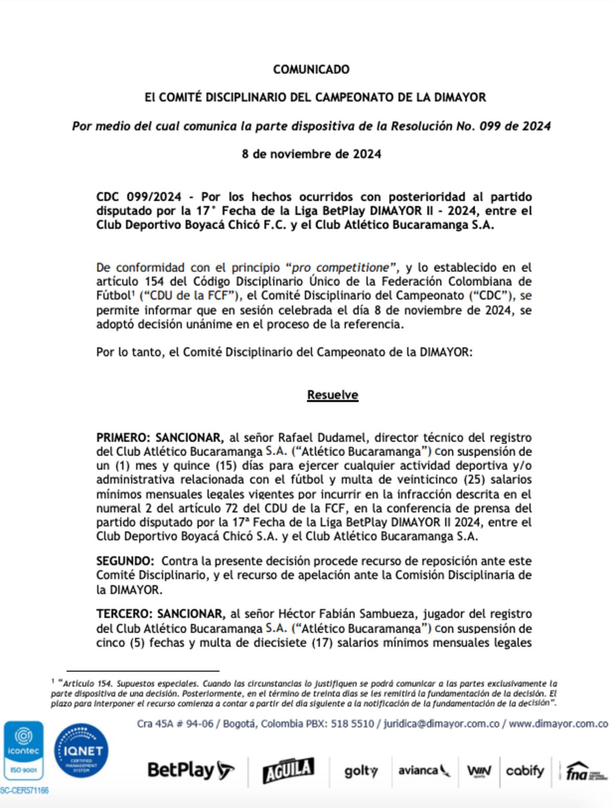 Esta es la resolución emitida por el Comité Disciplinario del Campeonato de la Dimayor en el que se confirman las sanciones impuestas a Dudamel y Sambueza. Imagen tomada de la Dimayor.