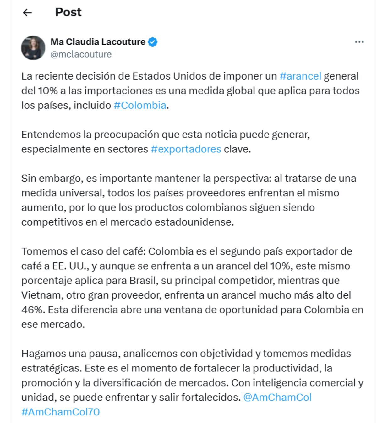 La presidenta ejecutiva de la Cámara Colombo Americana (Amcham Colombia), María Claudia Lacouture, afirmó este miércoles que los productos de Colombia seguirán siendo competitivos. | Foto: Redes