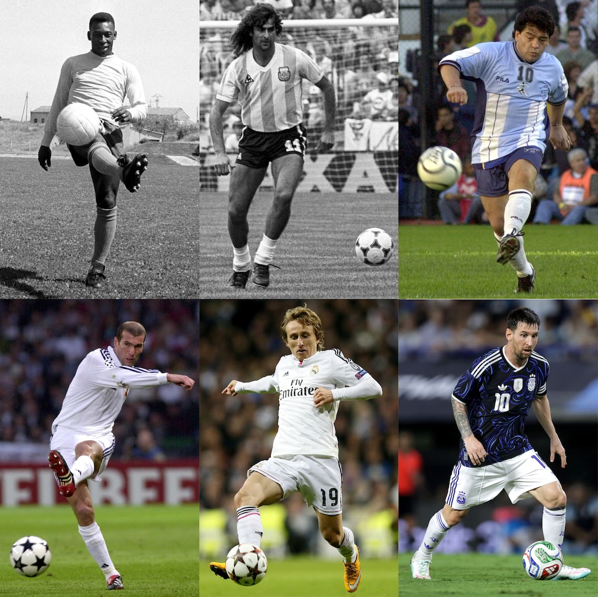 AME7404. BOGOTÁ (COLOMBIA), 01/06/2026.- Combo de fotografías de archivo que muestra al brasileño Pelé (i-arriba), el argentino Mario Alberto Kempes (c-arriba), al argentino Diego Armando Maradona (d-arriba), el francés Zinedine Zidane (i-abajo), al croata Luka Modric (c-abajo) y al argentino Lionel Messi. El dorsal 10 posee en el fútbol una mística única por cuenta de las leyendas que han portado dicha camiseta, que ha brillado globalmente en las canchas y ha sido protagonista, entre otros reconocimientos, del galardón del Balón de Oro de la Copa del Mundial por cuenta de figuras como Zidane o Messi. EFE/ JGB/ Kote Rodrigo/ Rodrigo Jiménez/ Adán González