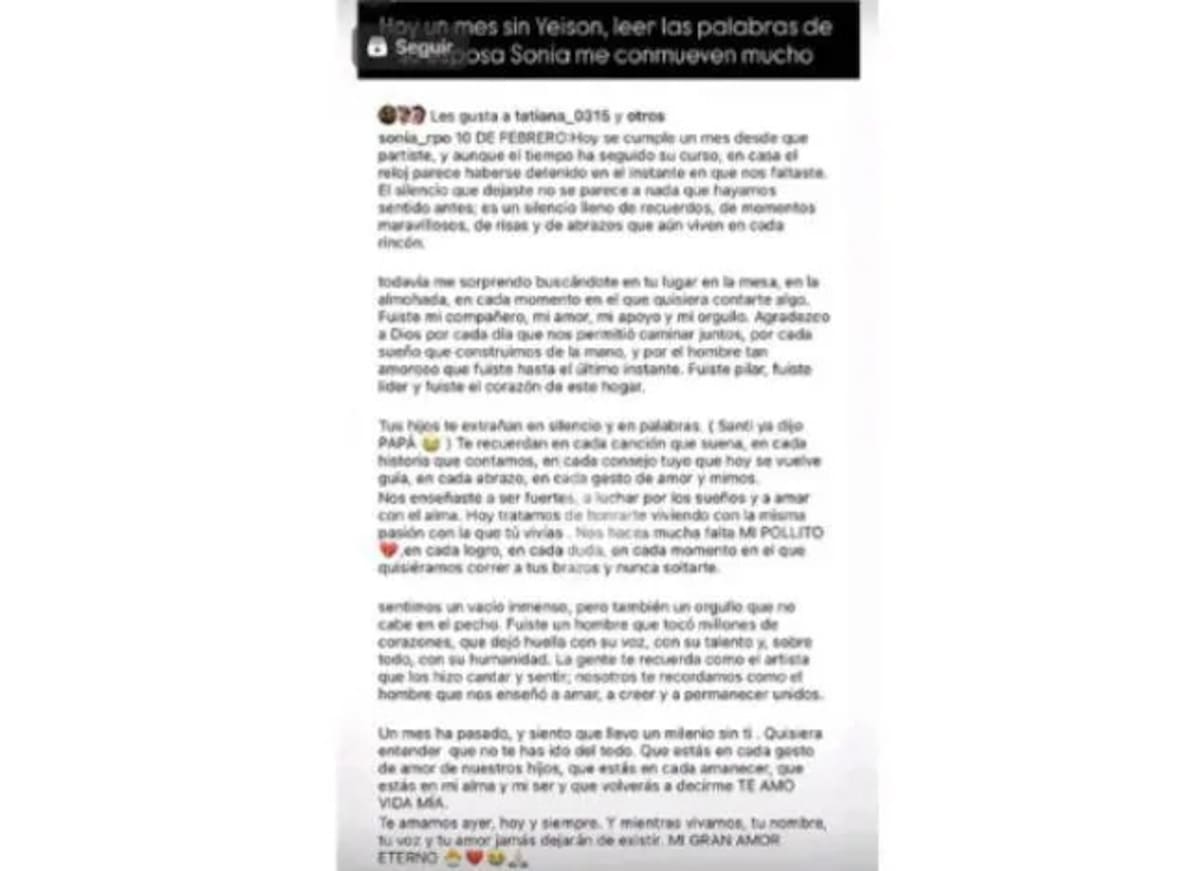 A un mes de la muerte de Yeison Jiménez, su esposa publicó su mensaje más íntimo. | Foto: El Colombiano.