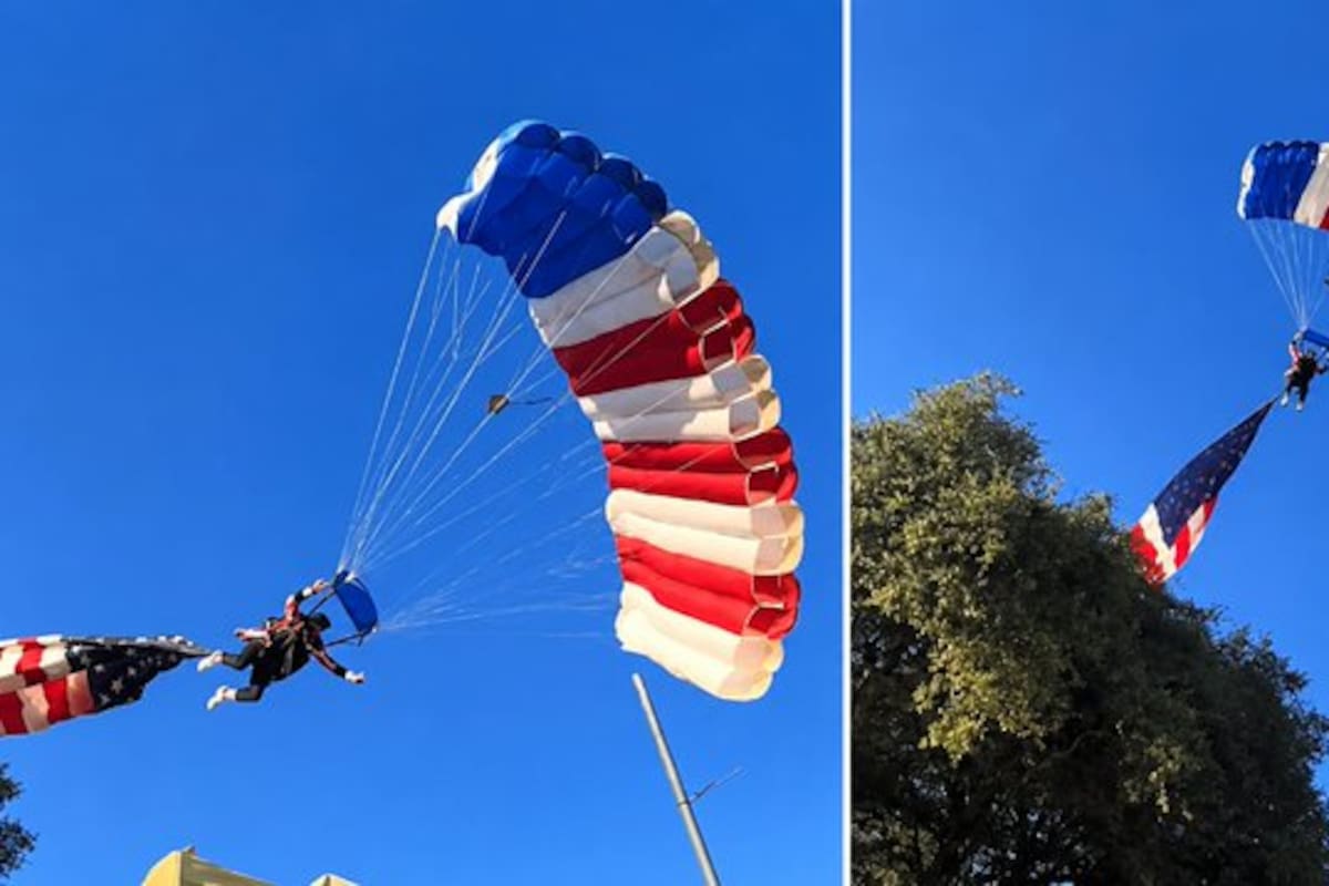 Un paracaidista protagonizó un aparatoso accidente al aterrizar durante un evento conmemorativo realizado en un rodeo de la ciudad de Folsom, California, luego de que la bandera de Estados Unidos que transportaba quedara atorada.