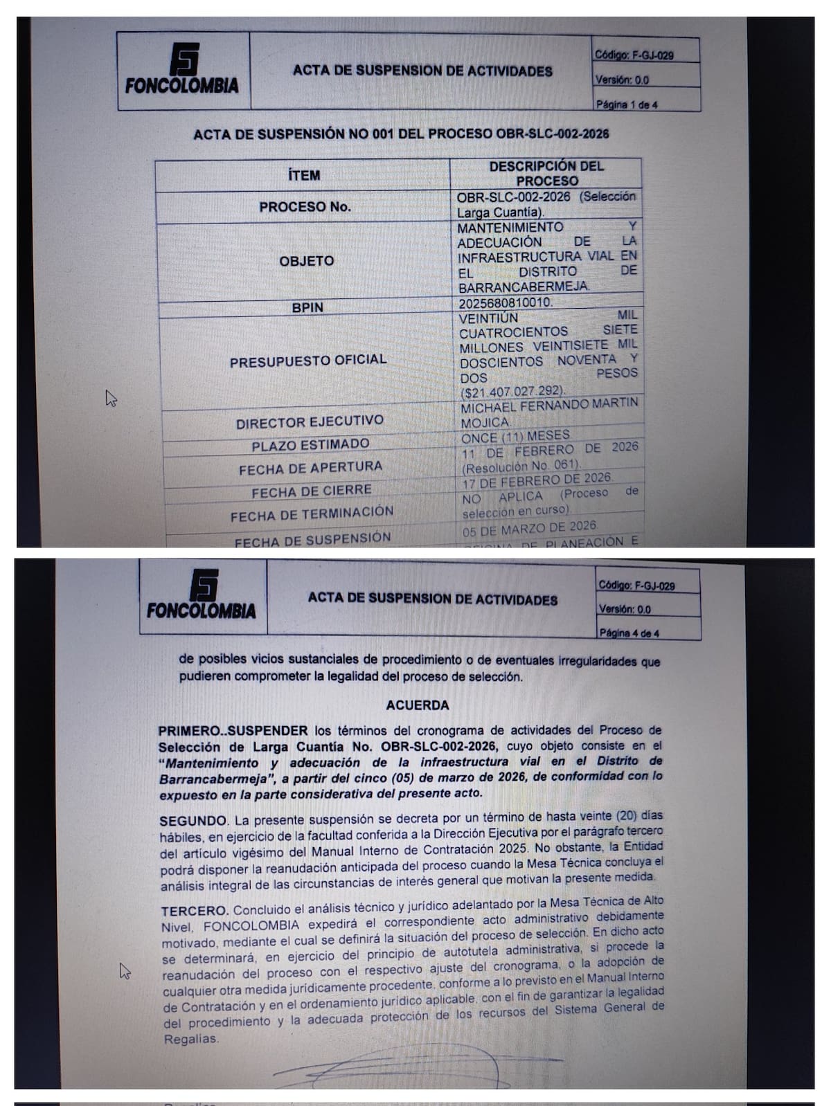 Foncolombia expidió el Acta de Suspensión No. 001 del proceso OBR-SLC-002-2026, mediante la cual se ordena detener el cronograma del proceso licitatorio relacionado con el mantenimiento y adecuación de la infraestructura vial en Barrancabermeja.
Suministrada/Vanguardia