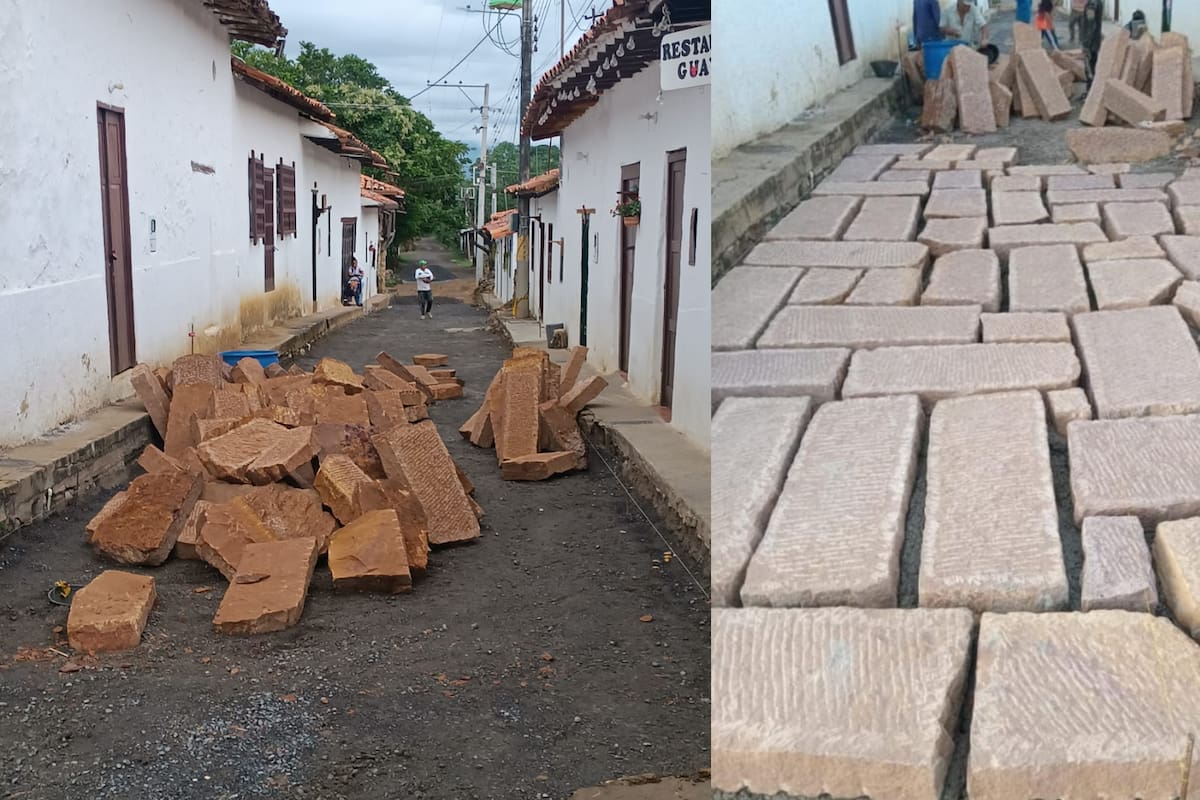 Trabajos de reposición de redes en Guane, donde la comunidad advierte posibles afectaciones al empedrado tradicional.
