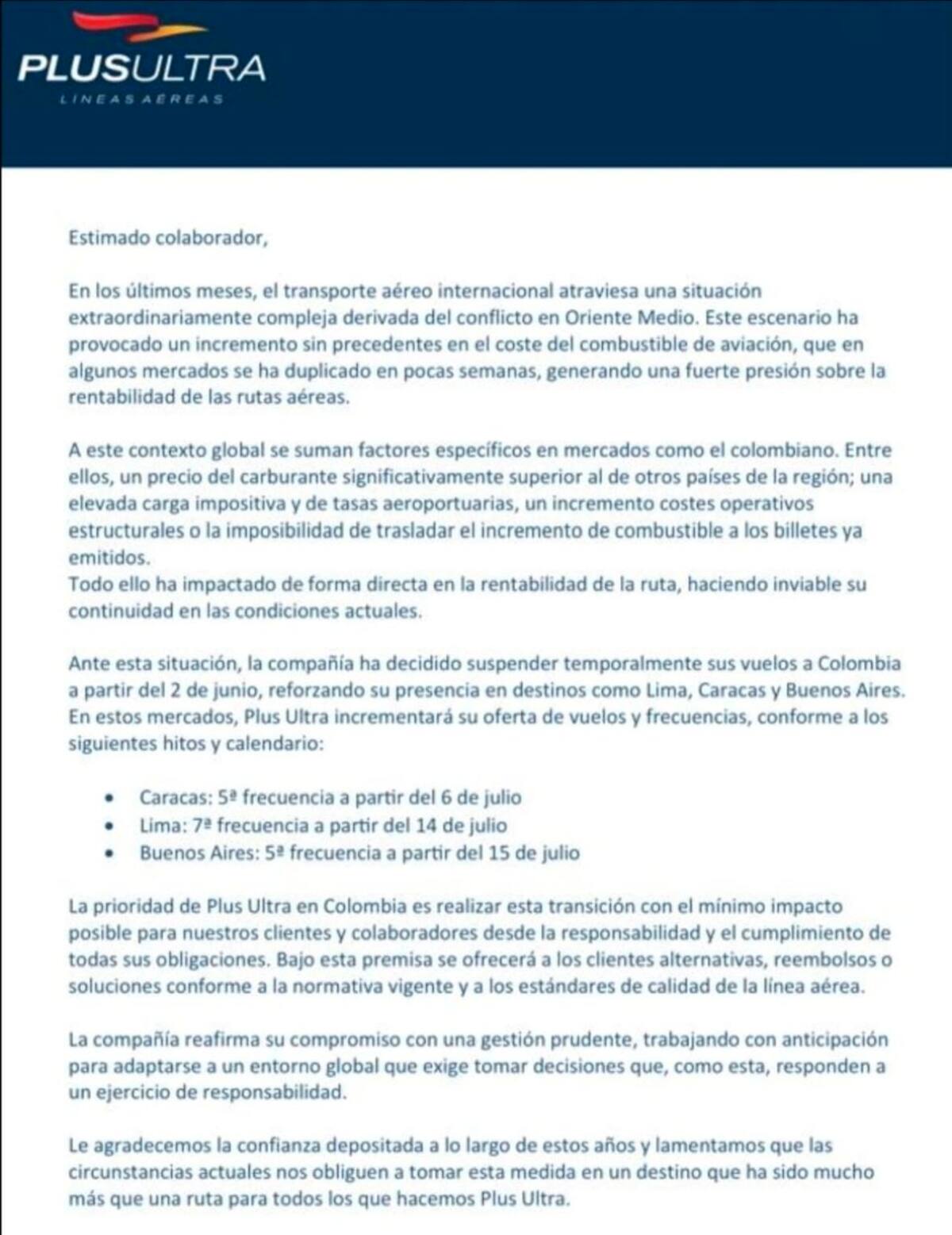 Comunicado de Plus Ultra.