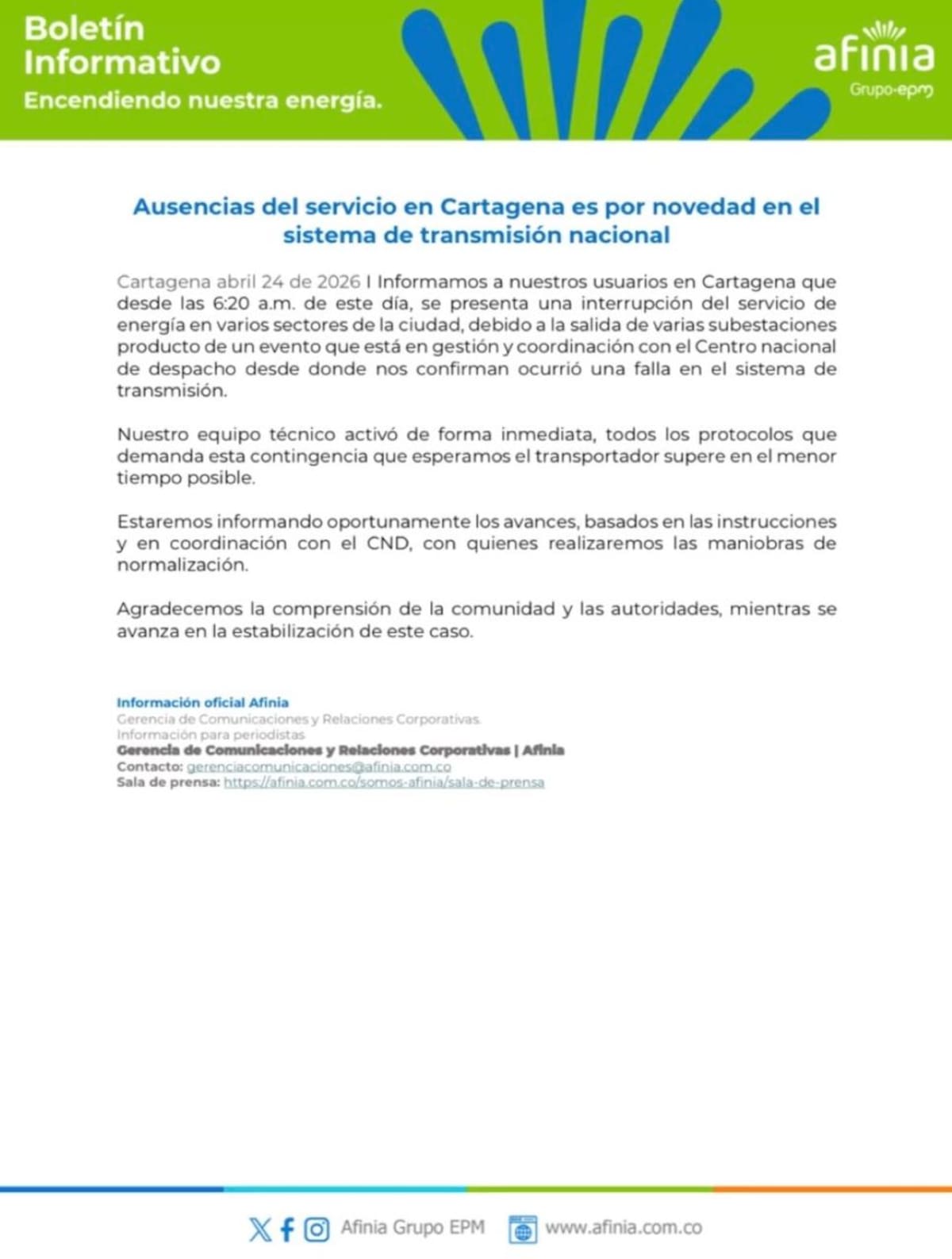 Afinia mantiene equipos técnicos en campo y coordinación con el CND para restablecer el servicio eléctrico en Cartagena. Investigación del fallo continúa. Imagen // historia captura // tomada de Redes Sociales ig: afiniagrupopm