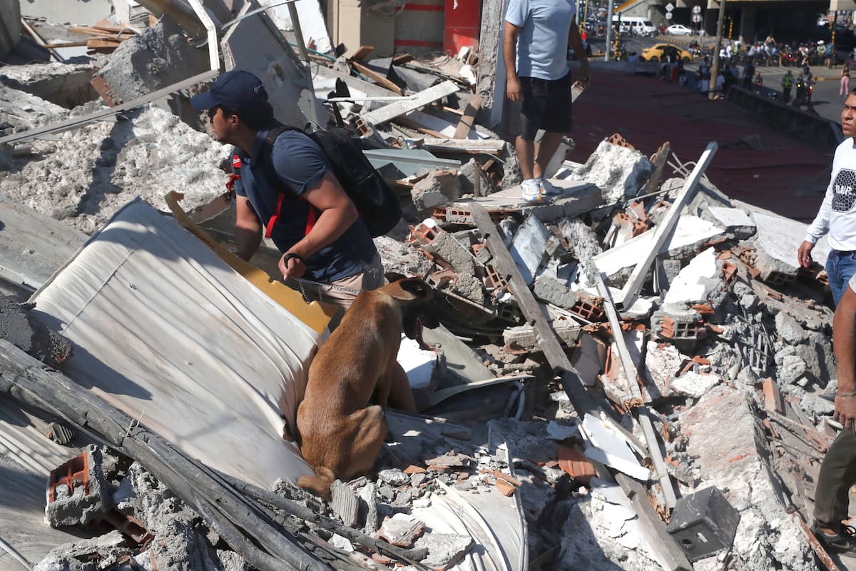 AME7645. CALI (COLOMBIA), 10/08/2026.- Personas caminan sobre los escombros de un edificio colapsado este lunes, en Cali (Colombia). Al menos 20 edificios sufrieron graves daños por consecuencia del terremoto de magnitud 7,4 que sacudió la mayor parte del país, con epicentro en la zona del Pacífico. EFE/ Ernesto Guzmán