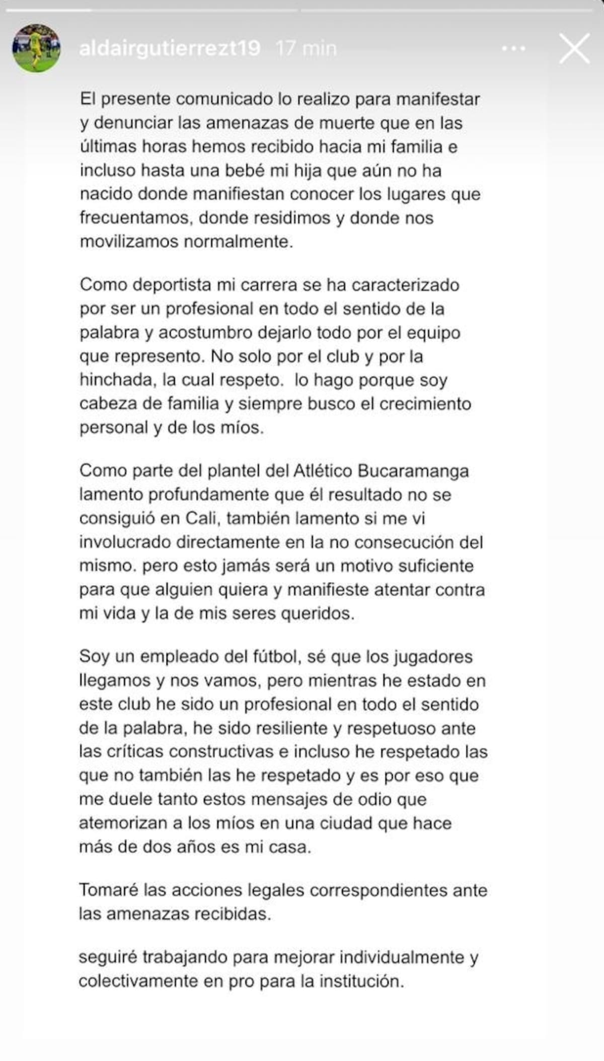 Aldair Gutiérrez, jugador de Atlético Bucarmanaga denuncia amenazas de muerte contra él y su familia