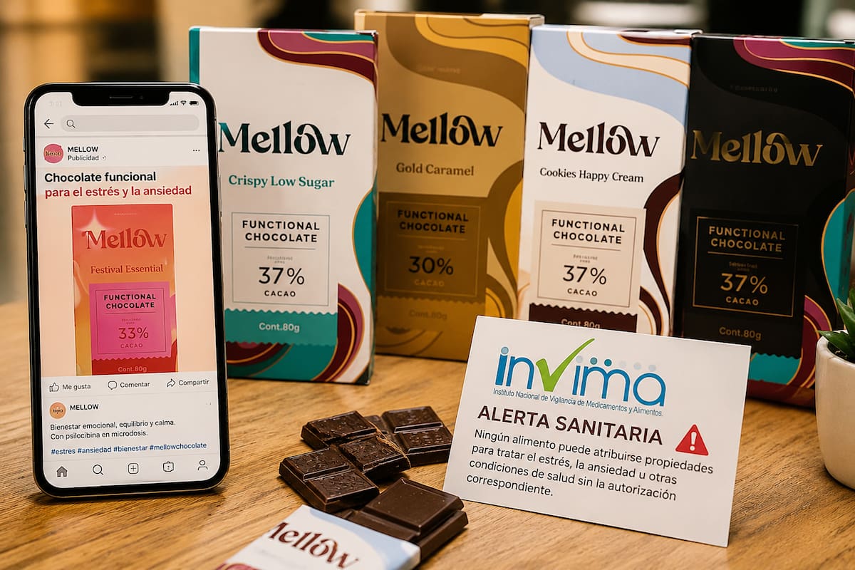 Invima generó una alerta sanitaria por un chocolate que promete calmar el estrés y no tiene ningún registro sanitario. Foto: Recreación con IA