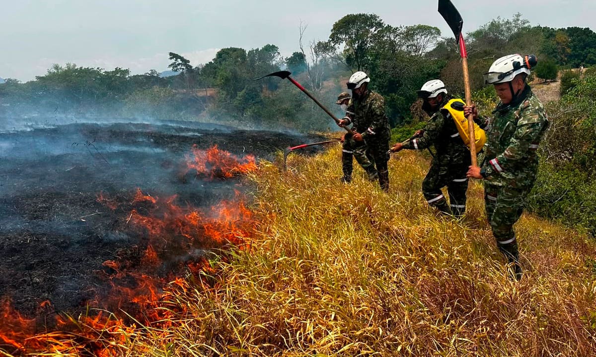 Fotografía del 23 de agosto de 2026 cedida por la Presidencia de Colombia que muestra a soldados extinguiendo un incendio en Tolima (Colombia). Las autoridades colombianas advirtieron que algunos de los incendios forestales que afectan al país y ya han consumido más de 20.000 hectáreas son provocados deliberadamente, en una situación de sequía por el fenómeno de El Niño que aumenta el riesgo de propagación de las llamas. EFE/ Presidencia de Colombia /SOLO USO EDITORIAL/NO VENTAS/ SOLO DISPONIBLE PARA ILUSTRAR LA NOTICIA QUE ACOMPAÑA (CRÉDITO OBLIGATORIO)
