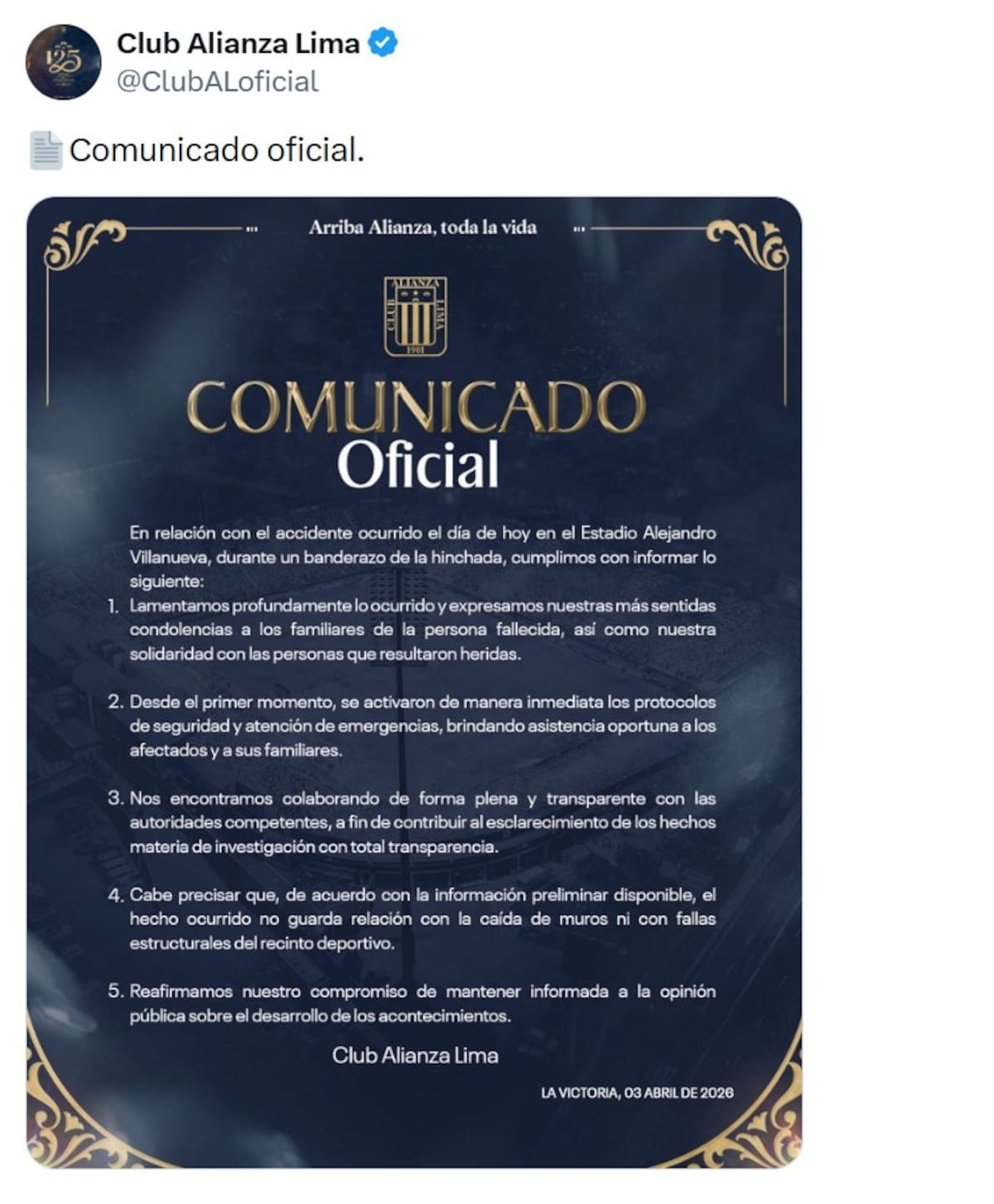 AME375. LIMA (PERÚ), 03/04/2026.- Captura de pantalla de la cuenta de la red social X del Club Alianza Lima @ClubALoficial que muestra un comunicado oficial del club. Alianza Lima expresó sus condolencias a los familiares de la persona que falleció este viernes en un incidente ocurrido dentro de su estadio mientras se celebraba un evento de hinchas que también dejó 47 heridos. EFE/ @clubaloficial /SOLO USO EDITORIAL/ NO VENTAS/ SOLO DISPONIBLE PARA ILUSTRAR LA NOTICIA QUE ACOMPAÑA (CRÉDITO OBLIGATORIO)