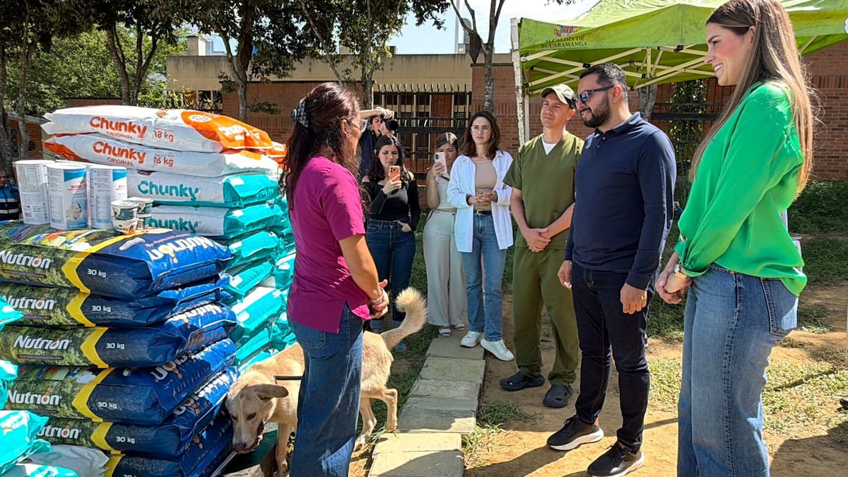 El alcalde Cristian Portilla hizo parte de la entrega de más de 300 bultos de concentrado a seis fundaciones de protección animal de Bucaramanga. Foto: Alcaldía de Bucaramanga.