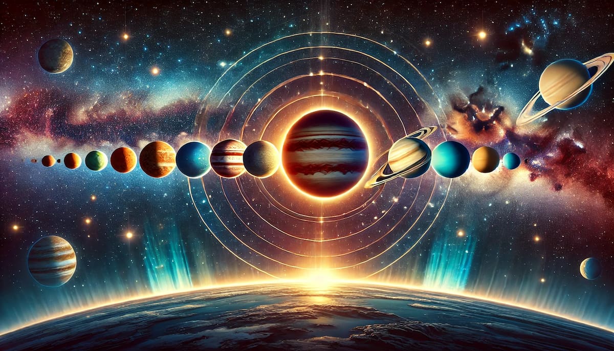 Ilustración. La alineación planetaria se podrá ver este 28 de febrero. // Generada con inteligencia artificial