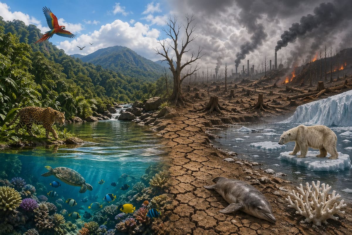 La degradación ambiental avanza: ecosistemas colapsan y especies luchan por sobrevivir ante el impacto del cambio climático.
Foto tomada de: IA