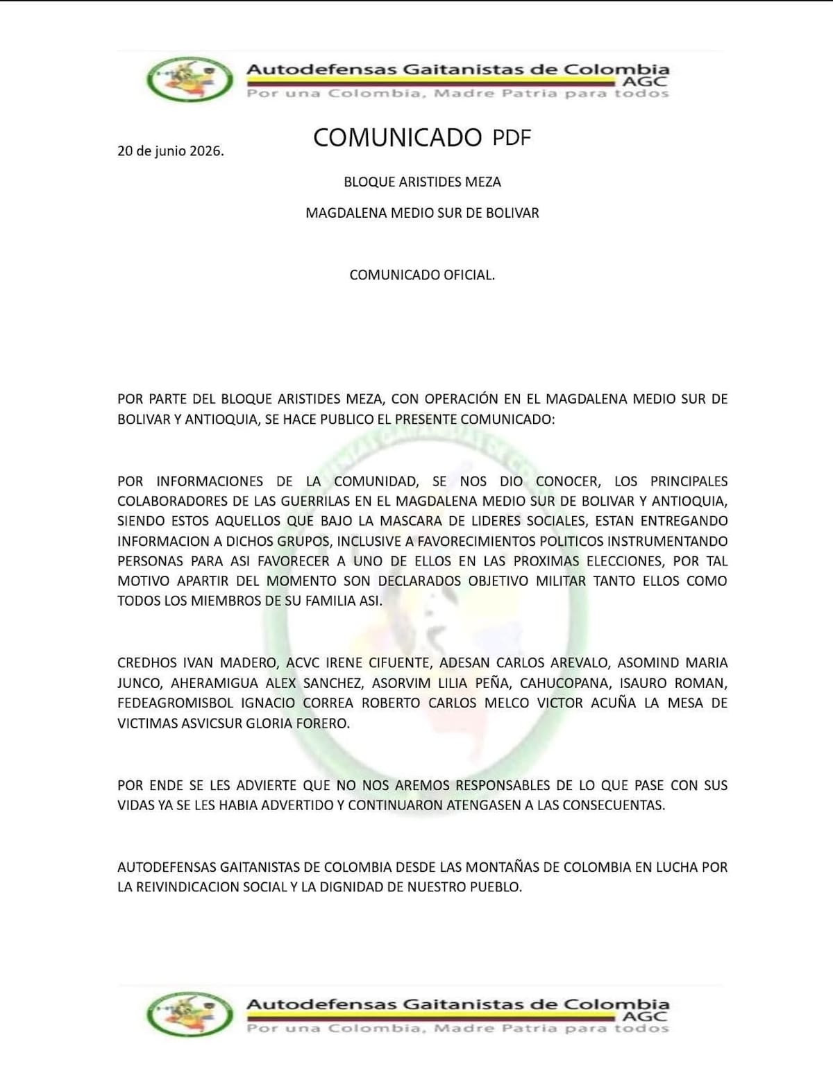 CREDHOS denunció que los panfletos amenazantes fueron difundidos en medio de las jornadas electorales de primera y segunda vuelta presidencial.
Suministrada/Vanguardia