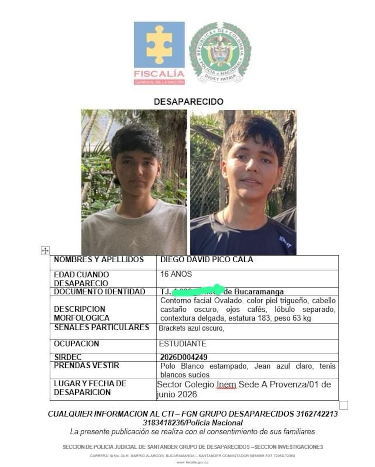 Angustiosa búsqueda de adolescente de 16 años desaparecido tras salir de su colegio en Bucaramanga