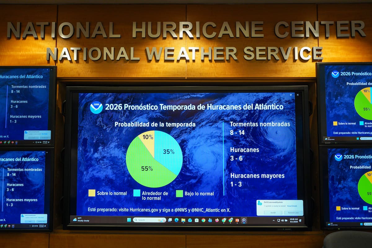 Una pantalla con pronósticos de huracanes y de tormentas y sus probabilidades desplegada en el Centro Nacional de Huracanes y Servicio Meteorológico Nacional en Miami, Florida. EFE/Alberto Boal
