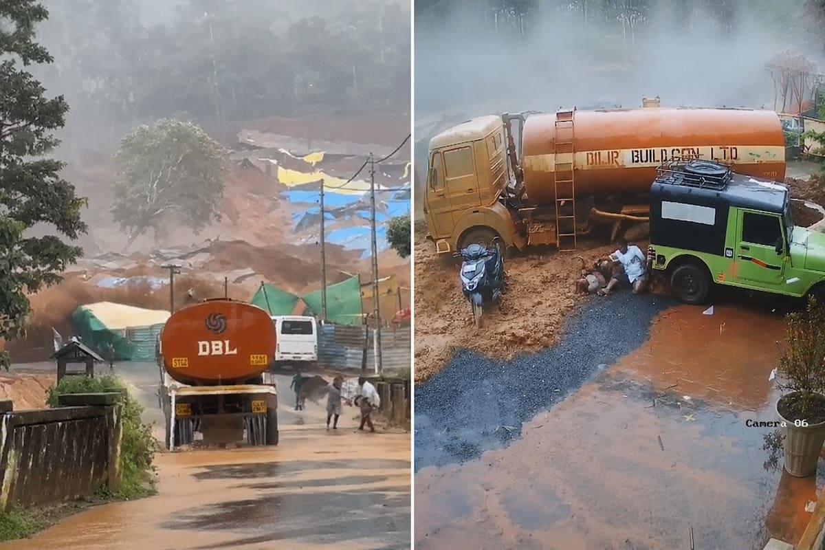 Las imágenes muestran la magnitud del deslizamiento ocurrido en el distrito de Wayanad, donde un camión cisterna y varios vehículos quedaron atrapados por la corriente de lodo. Captura de video // X.
