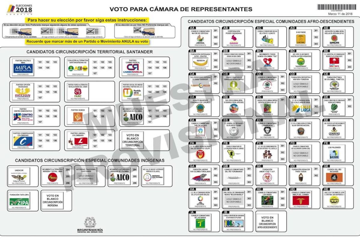 Tarjetón para la Cámara en Santander, incluye las circunscripciones para afrodescendientes (derecha) e indígenas (abajo). (Foto: Suministrada Registraduría / VANGUARDIA LIBERAL)
