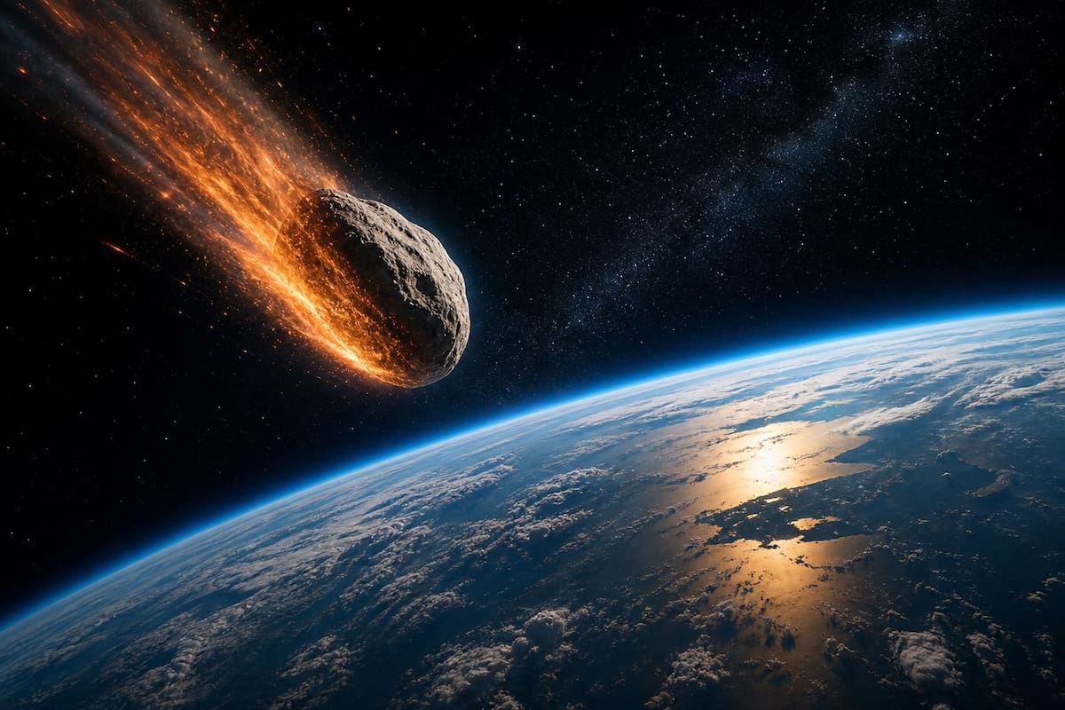 Un asteroide se aproxima a la Tierra en una escena que ilustra los escenarios bajo monitoreo científico por posibles riesgos espaciales.
Foto tomada de: IA