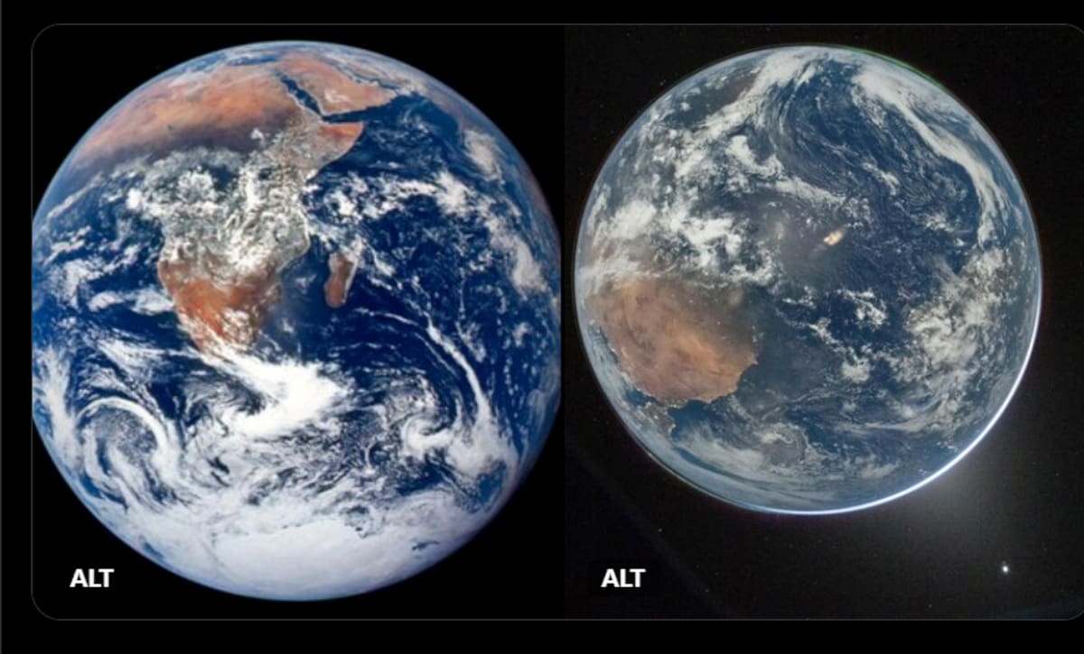 Fotografías publicadas por la NASA en su cuenta oficial de X que muestra una vista de la Tierra tomada por la tripulación del Apollo 17 en 1972 (i) junto a la última imagen capturada desde la nave Orión de la misión Artemis II el pasado 2 de abril. EFE/ NASA