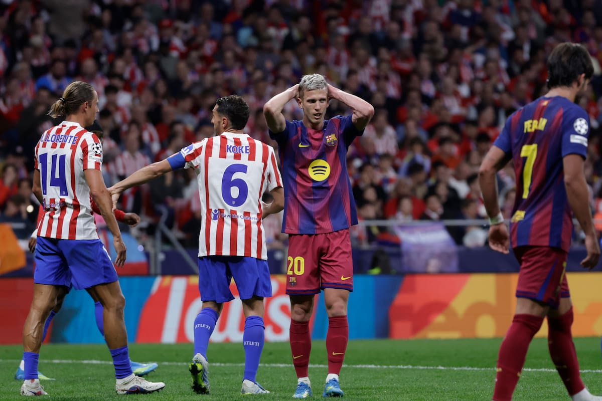 MADRID, 14/04/2026. El centrocampista del FC Barcelona, Dani Olmo, durante el encuentro correspondiente a la vuelta de los cuartos de final de la Liga de Campeones que disputan este martes Atlético de Madrid y FC Barcelona en el estadio Metropolitano, en Madrid. EFE / Juanjo Martín.