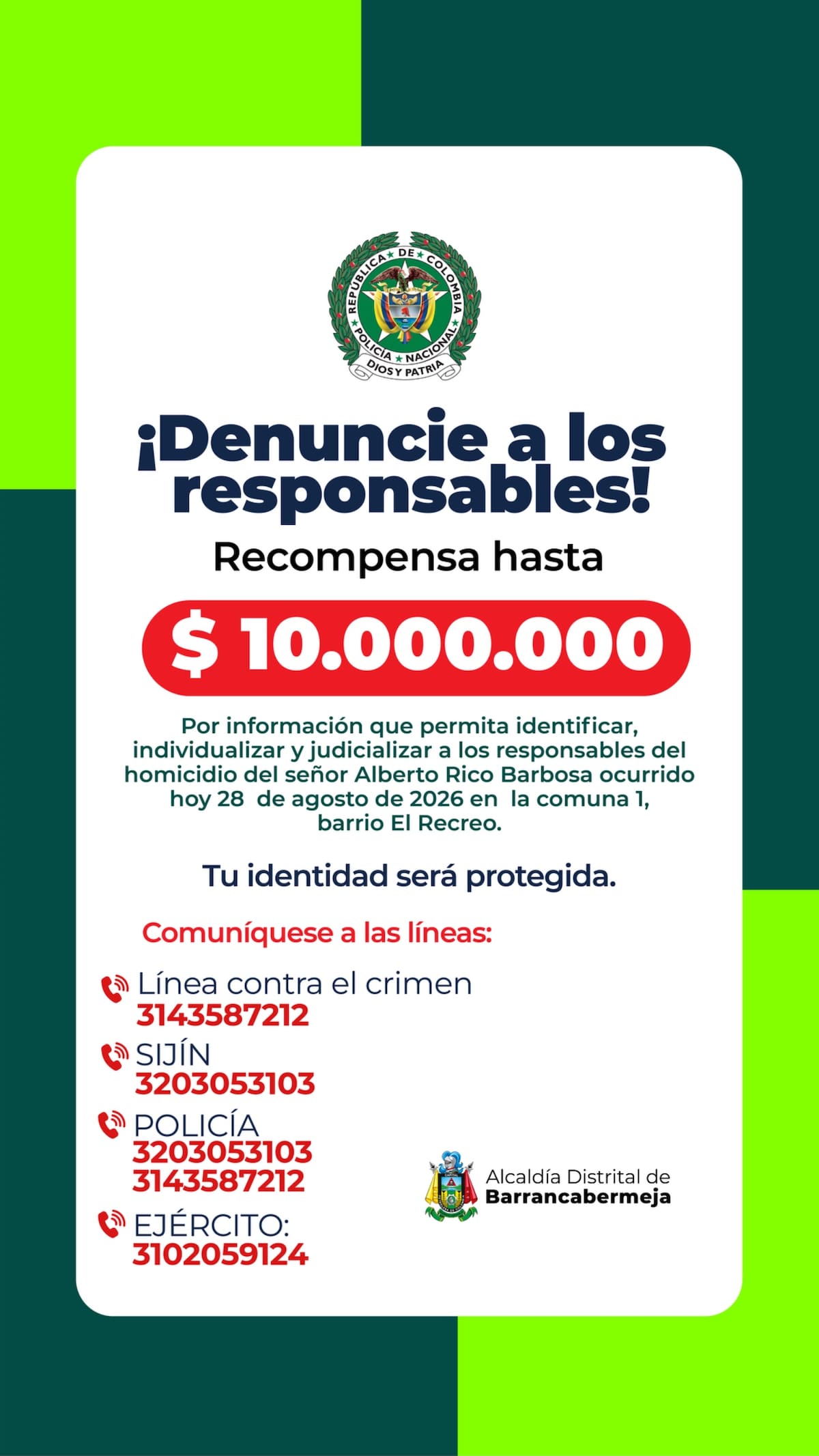 Autoridades de Barrancabermeja ofrecieron una recompensa de hasta $10 millones por información que permita capturar a los responsables del homicidio.
