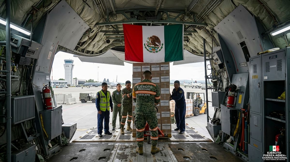 México activó un operativo de emergencia para apoyar a Colombia tras el terremoto. Dos aviones partieron hacia Pereira con 854 despensas, agua, medicamentos y personal militar especializado en asistencia. Foto: @ComandanteFAM