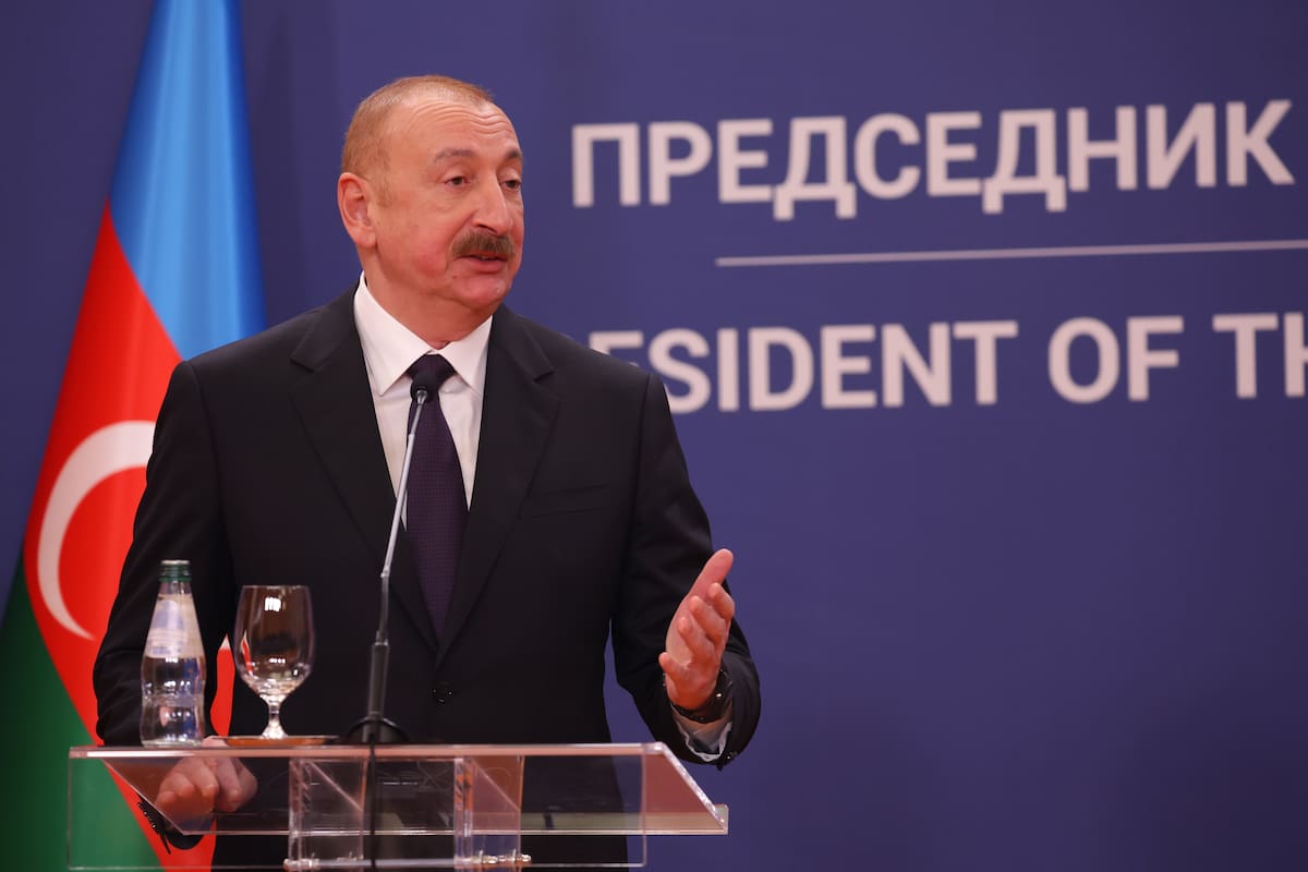 Belgrade (Serbia), 15/02/2026.- President of Azerbaijan Ilham Aliyev talks during the press conference with Serbian President (not pictured) following their meeting in Belgrade, Serbia, 15 February 2026. President of Azerbaijan Ilham Aliyev is on an official visit to Serbia. (Azerbaiyán, Belgrado) EFE/EPA/ANDREJ CUKIC