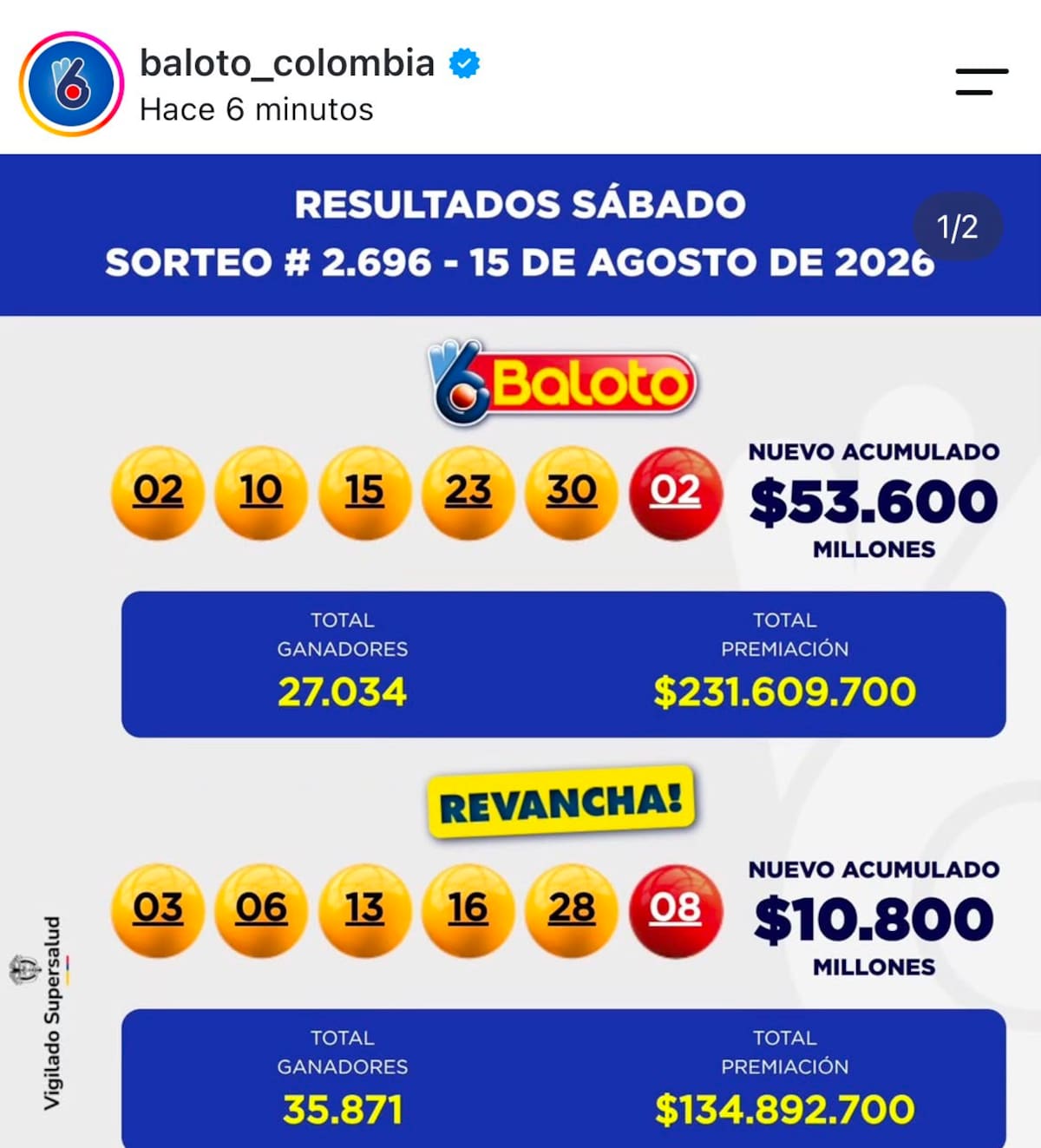 Resultado de Baloto y Revancha: qué cayó hoy sábado 15 de agosto de 2026.