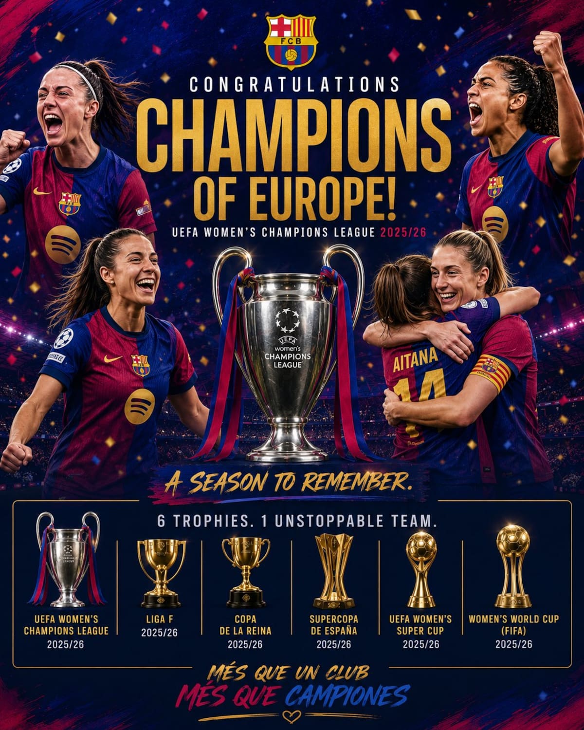 Barcelona liquidó al Lyon con una exhibición brutal y conquistó su cuarta Champions. /FOTO: IA