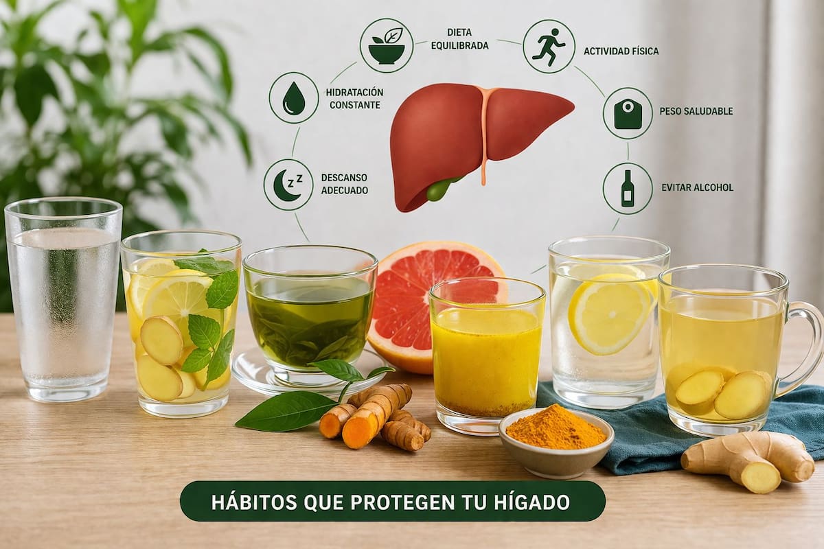 Bebidas naturales como el agua, el té verde, el jengibre y el limón pueden contribuir al funcionamiento del hígado cuando se combinan con hábitos saludables y una alimentación equilibrada.
Foto tomada de: IA