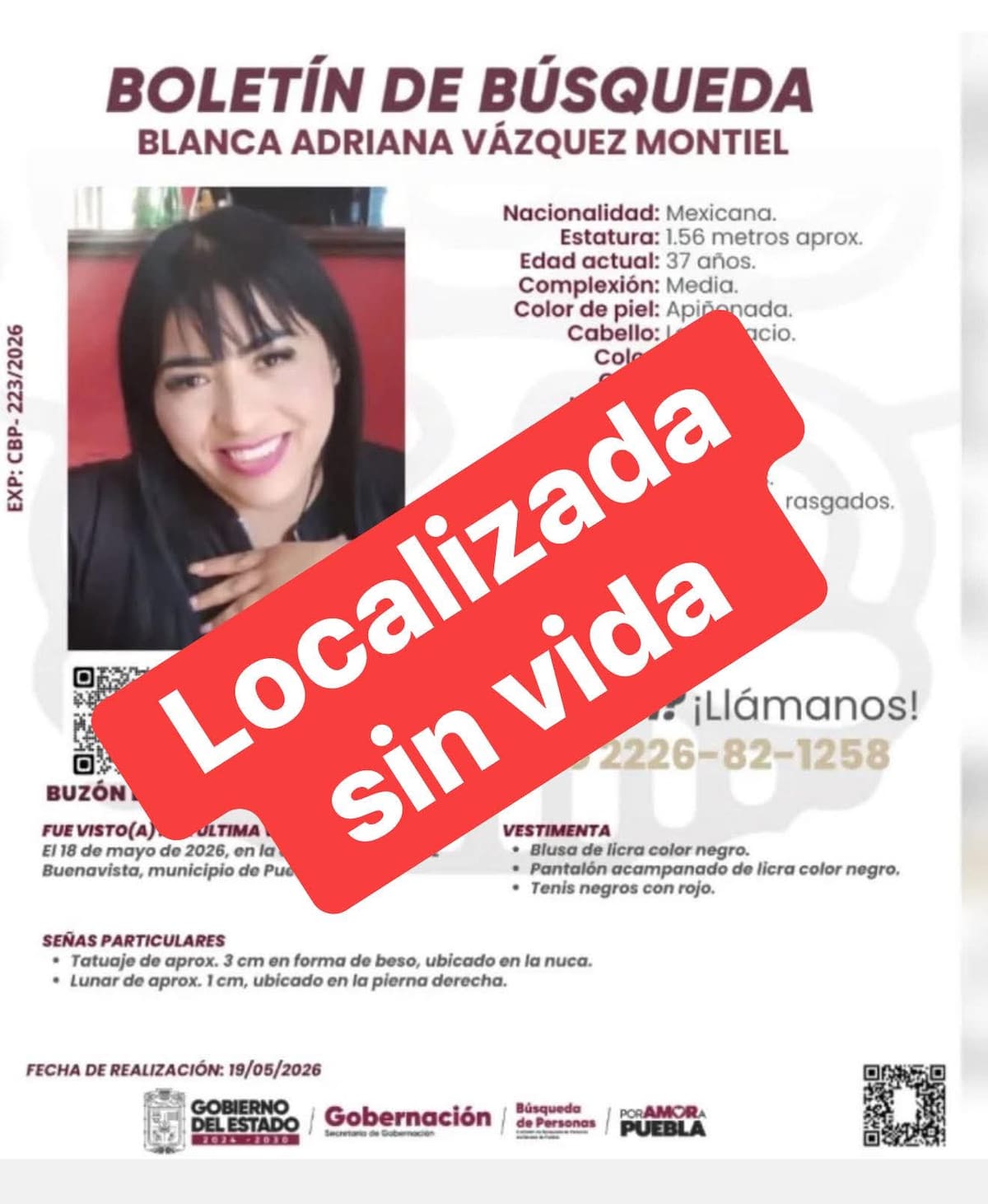 Blanca Adriana Vázquez Montiel, de 37 años, desapareció el 18 de mayo de 2026 en Puebla, México, tras ir con su esposo a la clínica Detox. Fue hallada sin vida este jueves 21 de mayo.