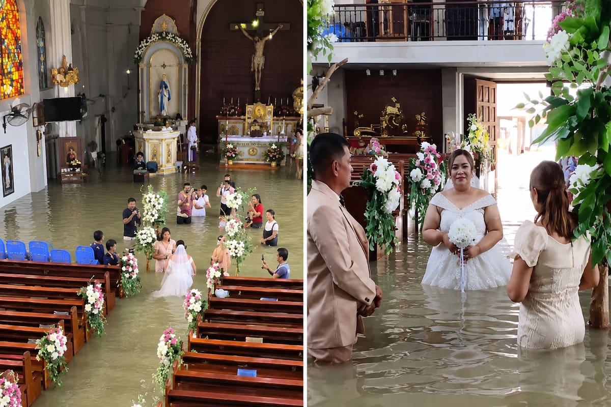 Una pareja celebró su boda dentro de una iglesia inundada en Bulacán, Filipinas, pese a que el agua alcanzaba las rodillas.