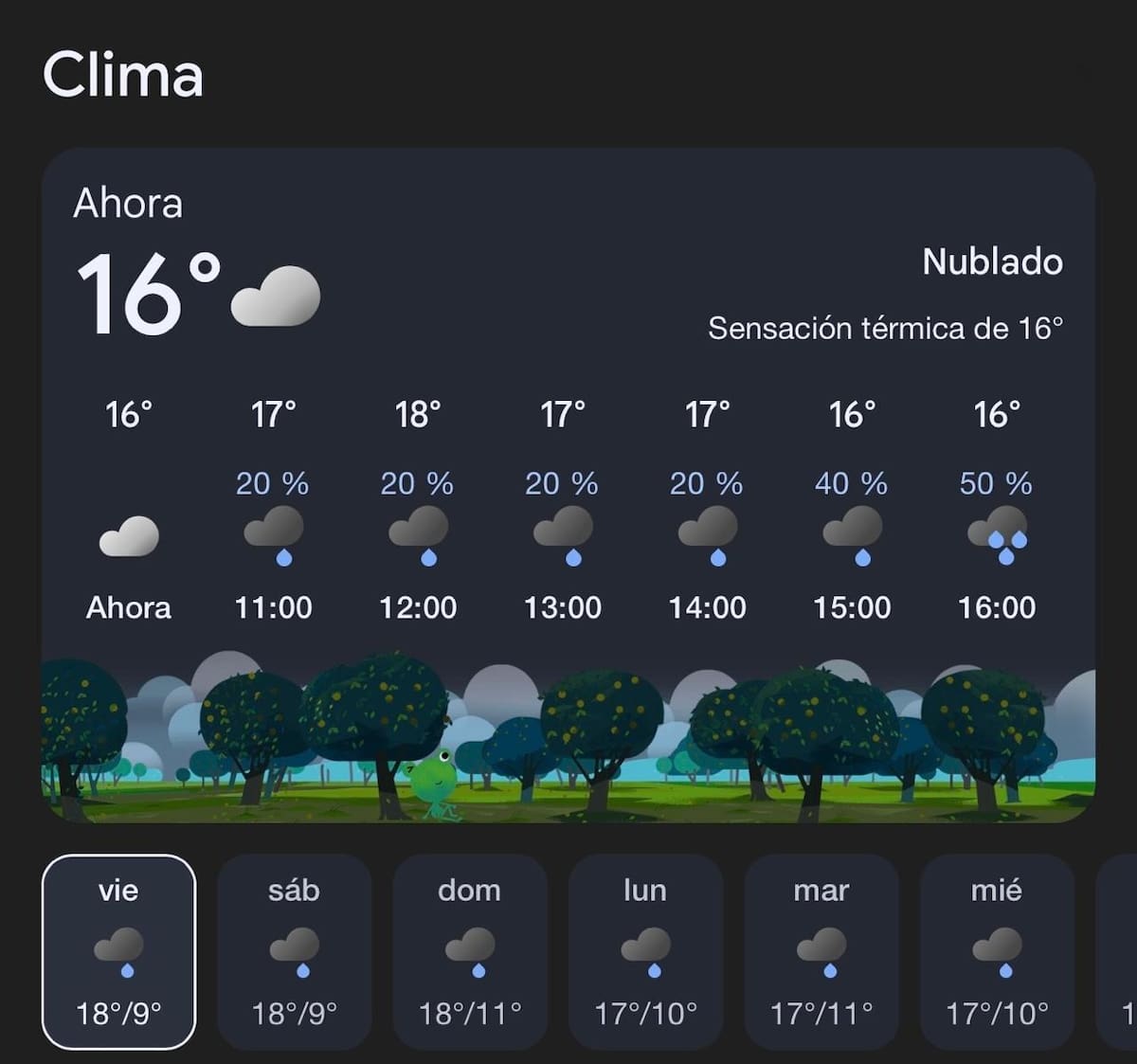Cielo mayormente nublado sobre Bogotá este 13 de febrero, en una jornada marcada por lluvias
Foto tomada de: Google Clima / Captura de pantalla