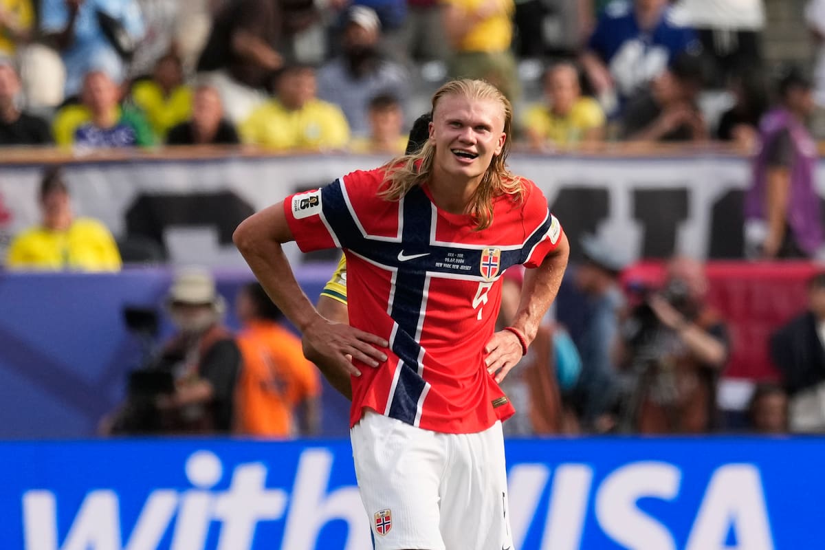 Norway's Erling Haaland reacts after scoring his side's second goal during the World Cup round of 16 soccer match between Brazil and Norway in East Rutherford, N.J., near New York, Sunday, July 5, 2026. (AP Photo/Seth Wenig)