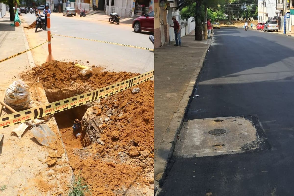 Dos momentos de la calle 37: a la izquierda, el bache que permaneció durante varias semanas; al frente, la vía ya completamente pavimentada. (Foto: Euclides Kilô Ardila / VANGUARDIA)