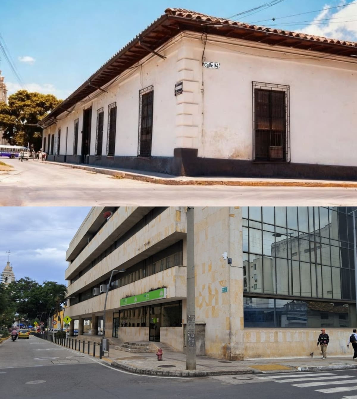 Carrera 11 con calle 34 esquina: dos imágenes de un mismo lugar, pero en dos épocas distintas. La primera, captada a finales de los años 60; y la segunda, tomada ayer, 19 de julio de 2026. (Foto Gavassa / Euclides Kilô Ardila / VANGUARDIA)