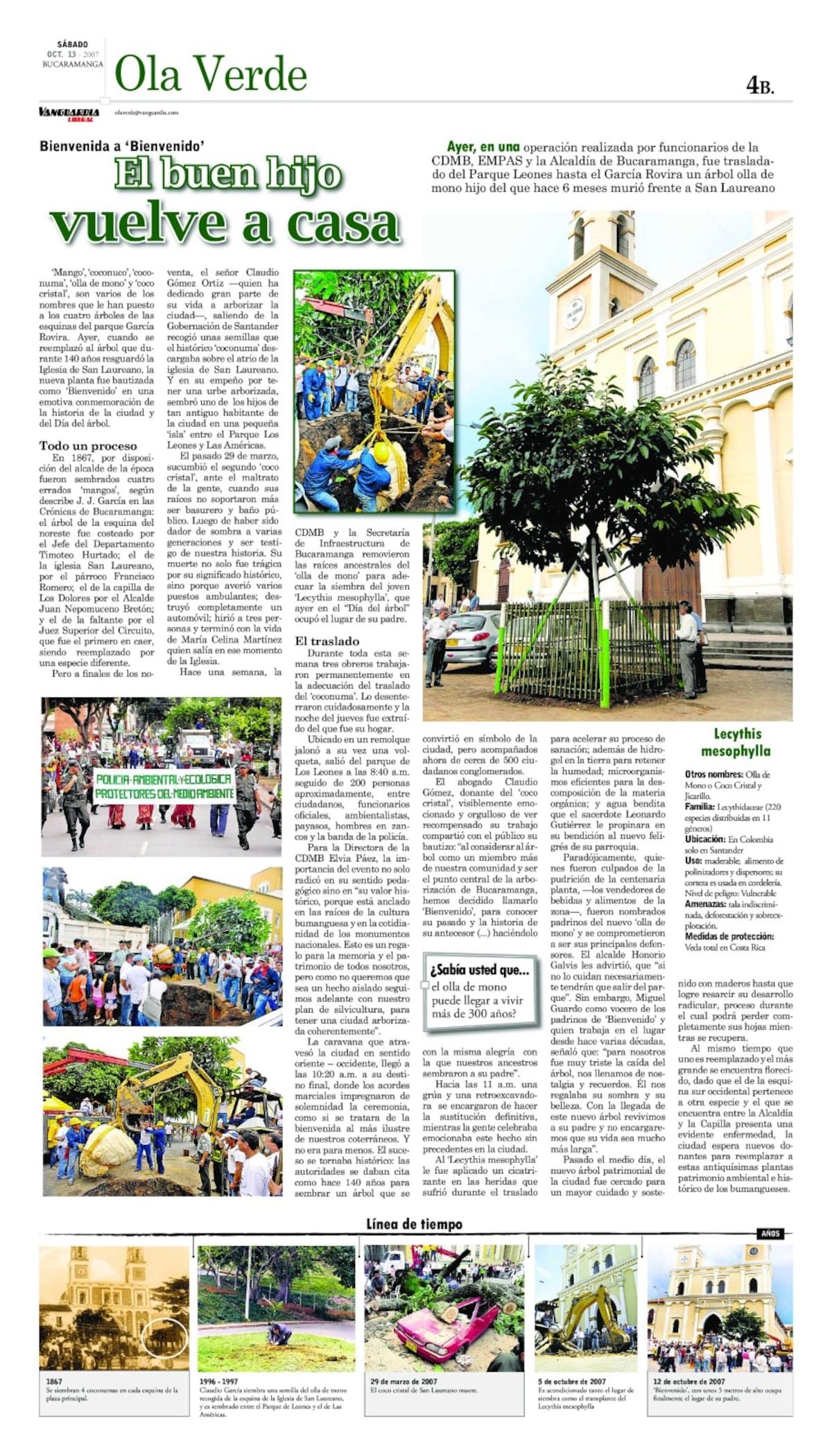 Registro noticioso de Vanguardia, cuando el árbol fue trasplantado en inmediaciones del templo de San Laureano. (Archivo/VANGUARDIA)