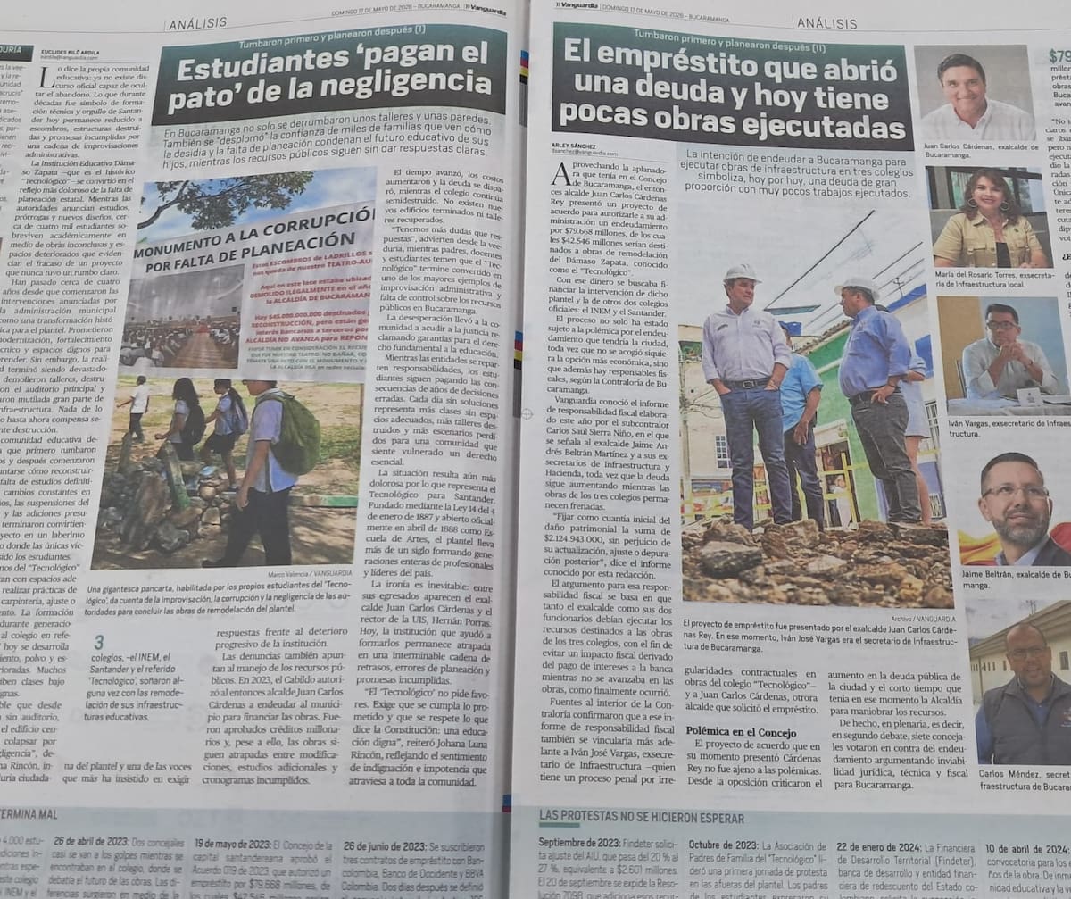 Vanguardia, en varias ediciones, ha publicado las denuncias que ha hecho la comunidad educativa en torno a las demoras de las obras de mejoramiento de infraestructura de los colegios INEM, Tecnológico y Santander.