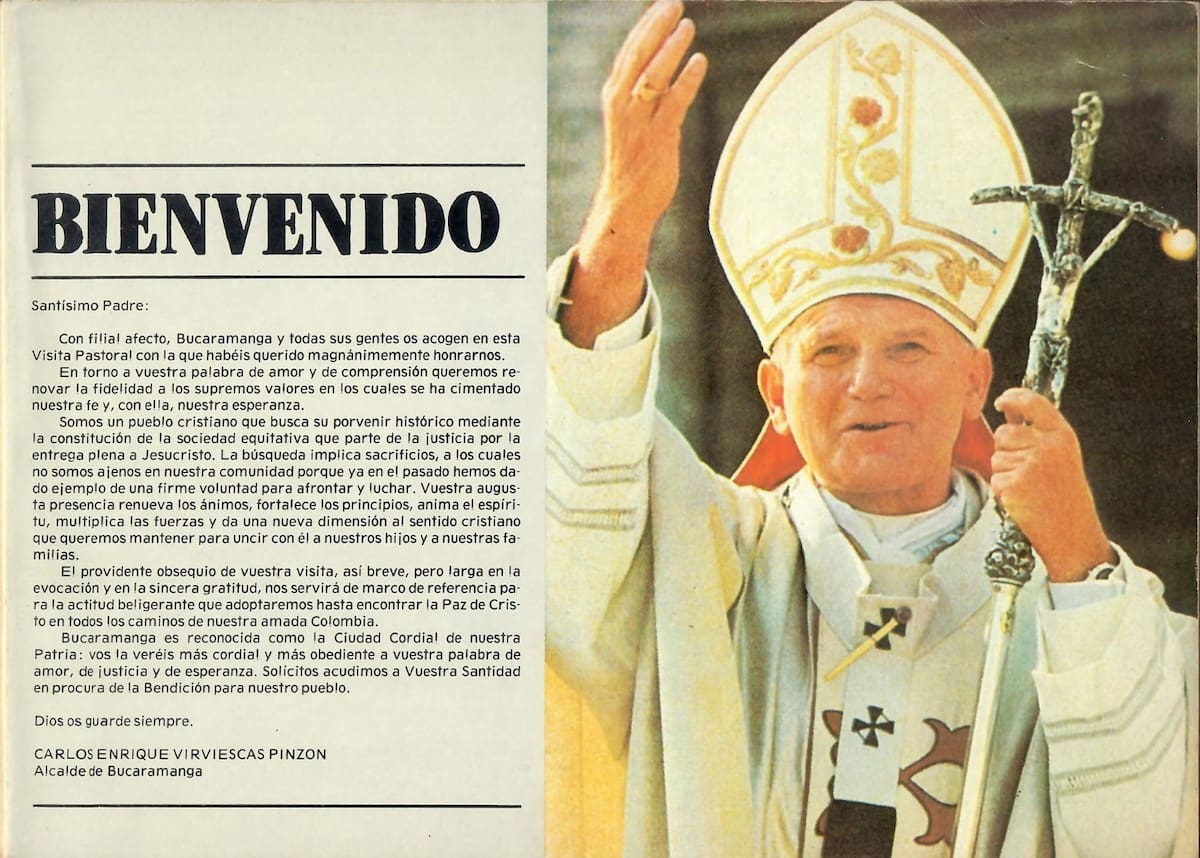 Palabras oficiales del alcalde de la época, Carlos Enrique Virviesas Pinzón, (q.e.p.d.) a propósito de la visita a Bucaramanga del Papa San Juan Pablo II. (Archivo/VANGUARDIA)