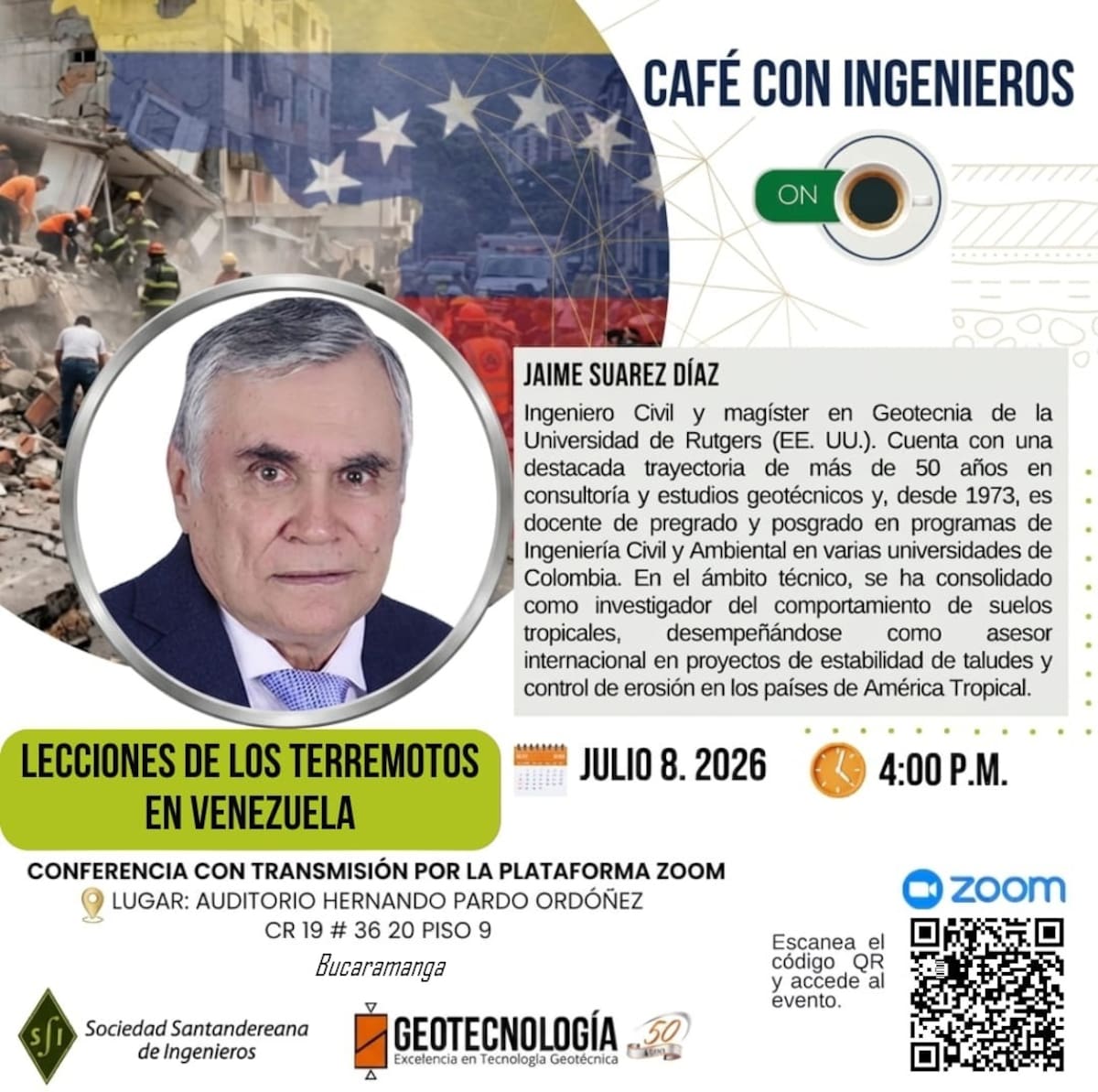 El experto en suelos, Jaime Suárez Díaz ofrecerá una conferencia sobre el tema de los terremotos en Venezuela.