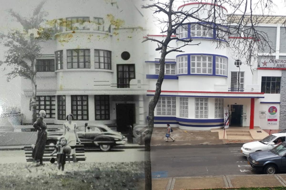 El 'ayer' y el 'hoy' de esta mítica casona. Fue el predio de los Martínez-Villalba y hoy es la sede del Colombo Americano. Está ubicada frente al Parque Bolívar, de Bucaramanga.