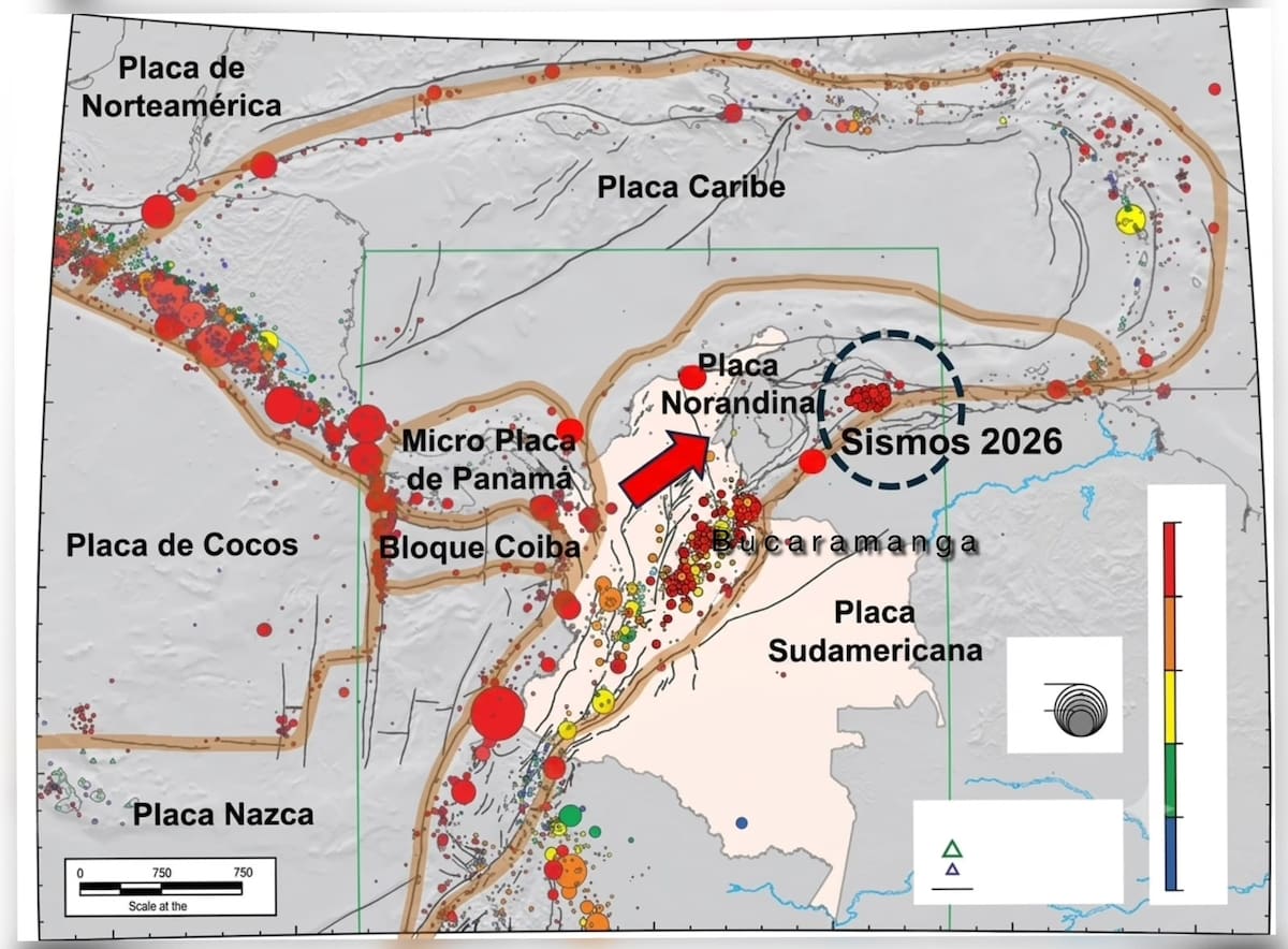 El mapa muestra el movimiento de la placa del norte de los Andes, así como la ubicación de los principales terremotos históricos registrados en la región, información que contribuye a la comprensión del riesgo sísmico y al fortalecimiento de las medidas de prevención.